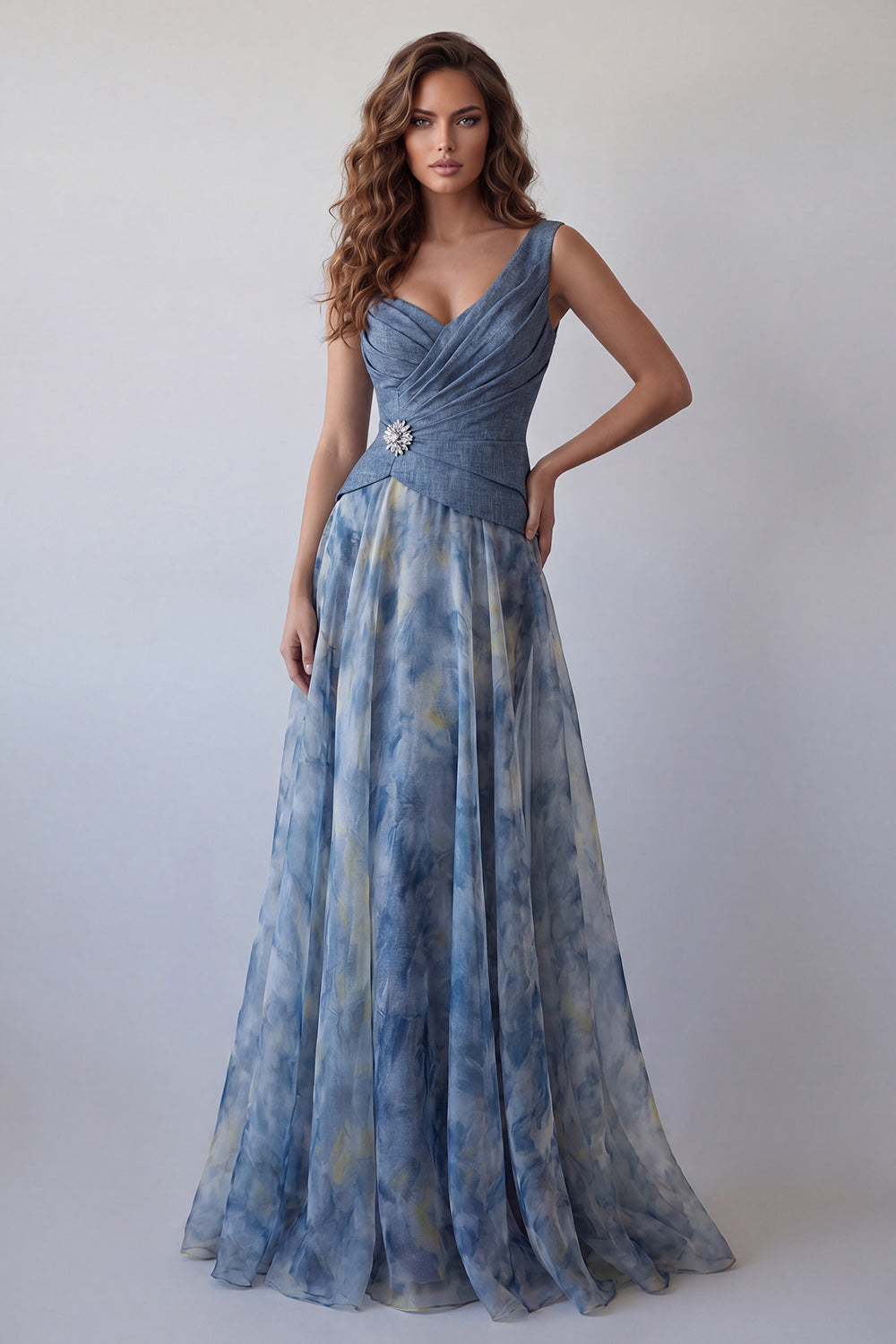 Dusty Blue Floral V Neck Ruched A Line Long Wedding Guest Dress with 3D Flower