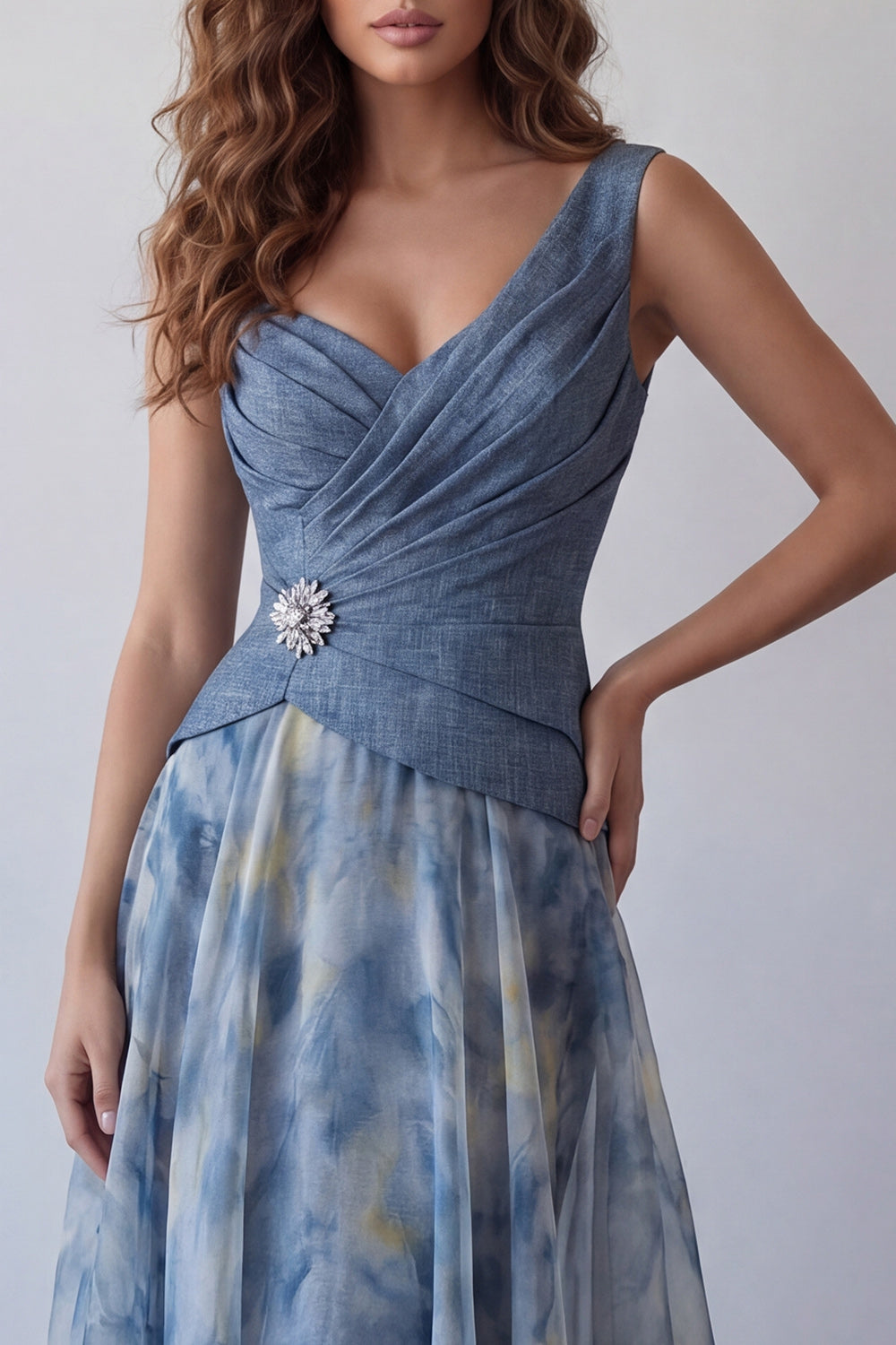Dusty Blue Floral V Neck Ruched A Line Long Wedding Guest Dress with 3D Flower
