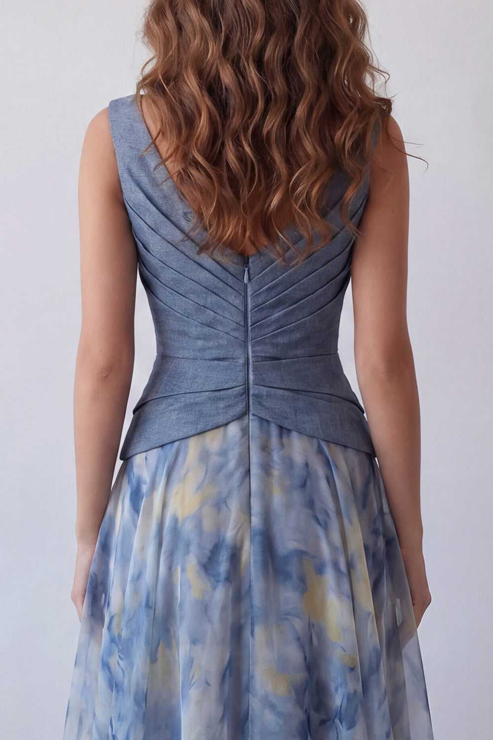 Dusty Blue Floral V Neck Ruched A Line Long Wedding Guest Dress with 3D Flower