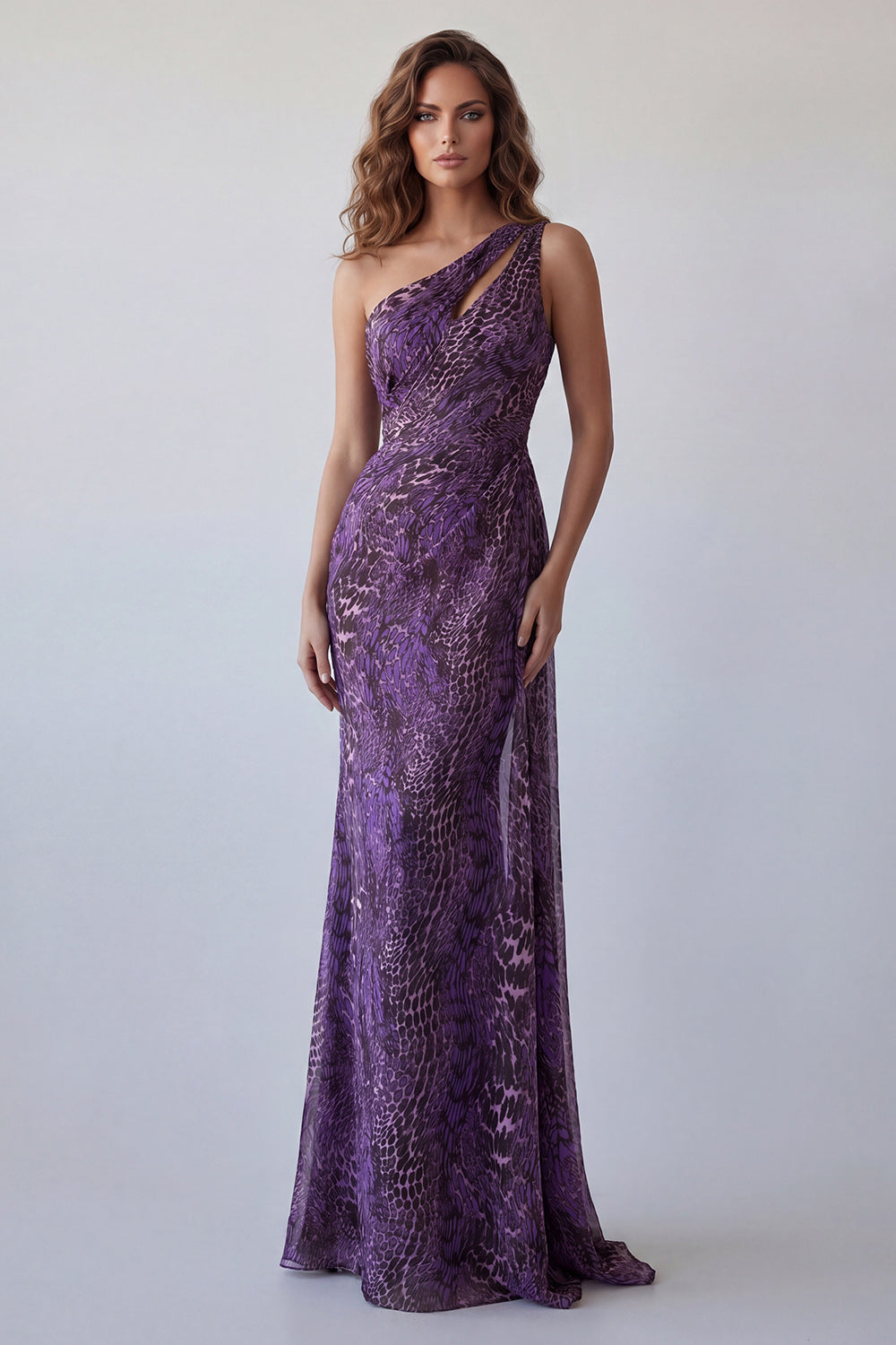 Purple One Shoulder Cut Out Leopard Printed Mermaid Long Wedding Guest Dress with Side Cape
