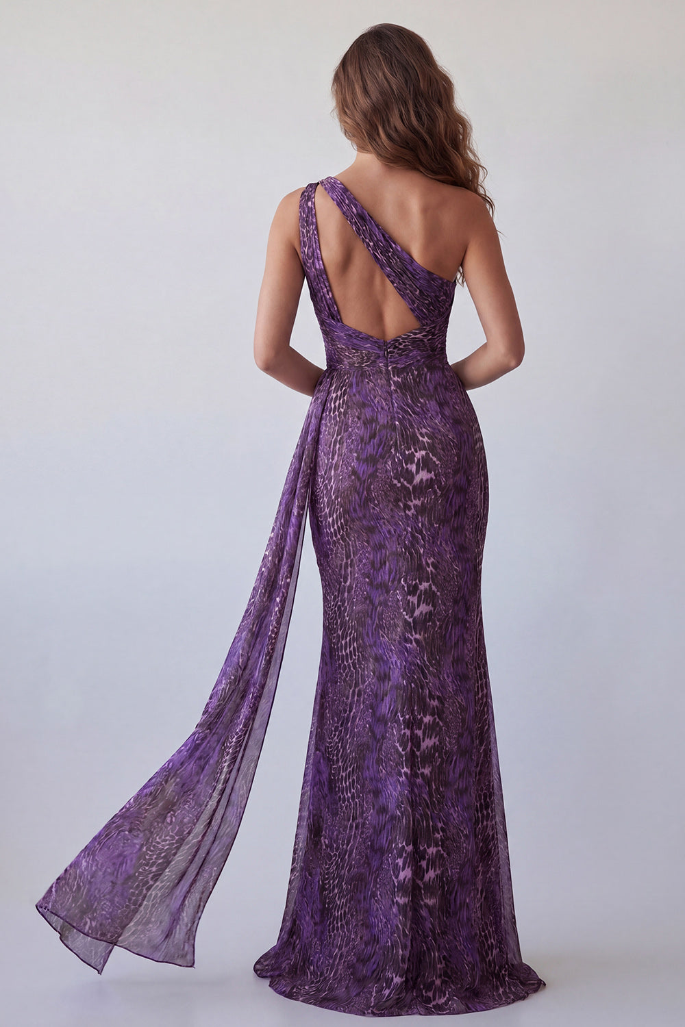 Purple One Shoulder Cut Out Leopard Printed Mermaid Long Wedding Guest Dress with Side Cape
