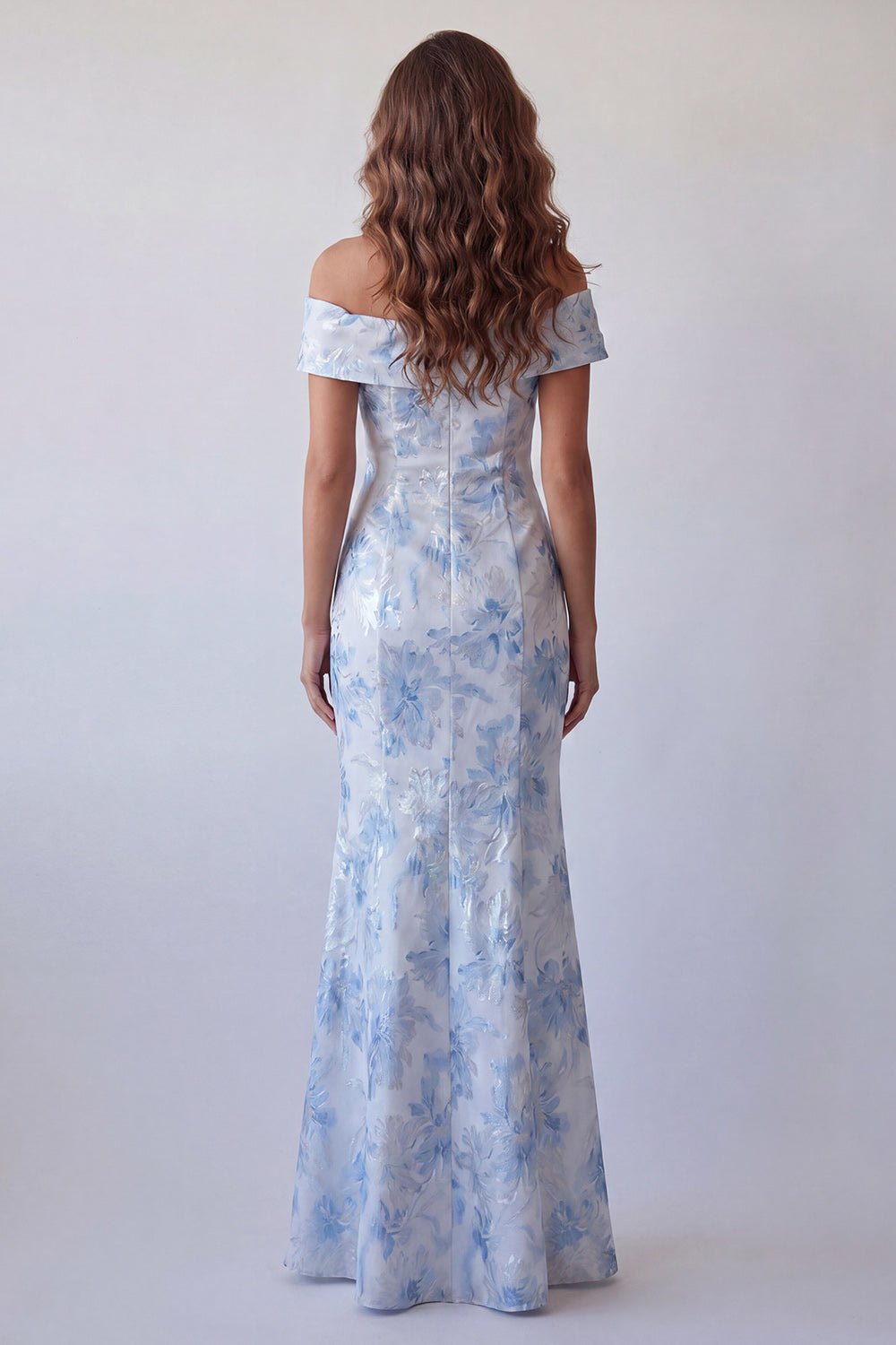 Floral Sky Blue Off the Shoulder Mermaid Maxi Wedding Guest Dress