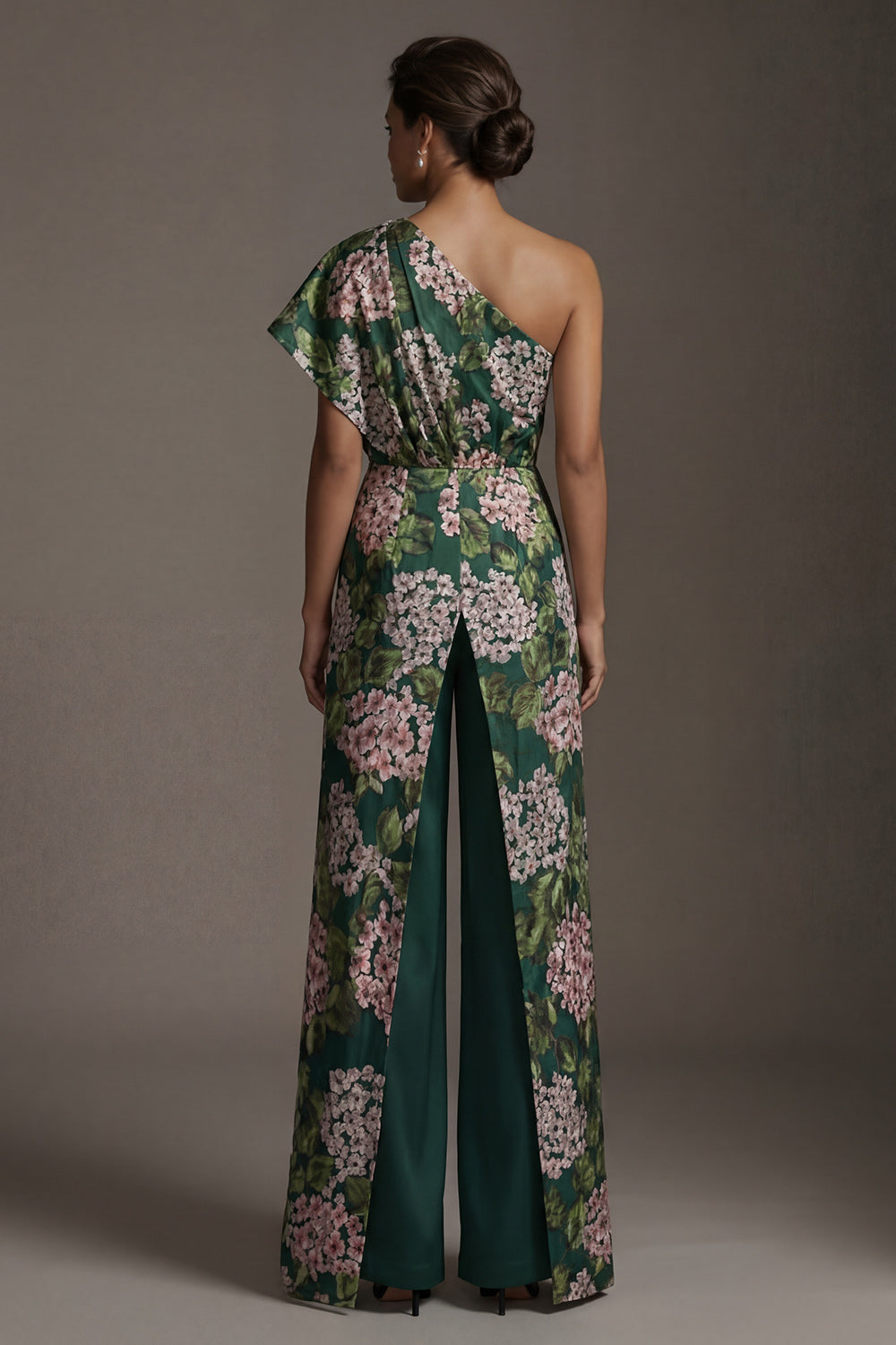 Dark Green One Shoulder Floral Long Evening Pantsuits with Pockets