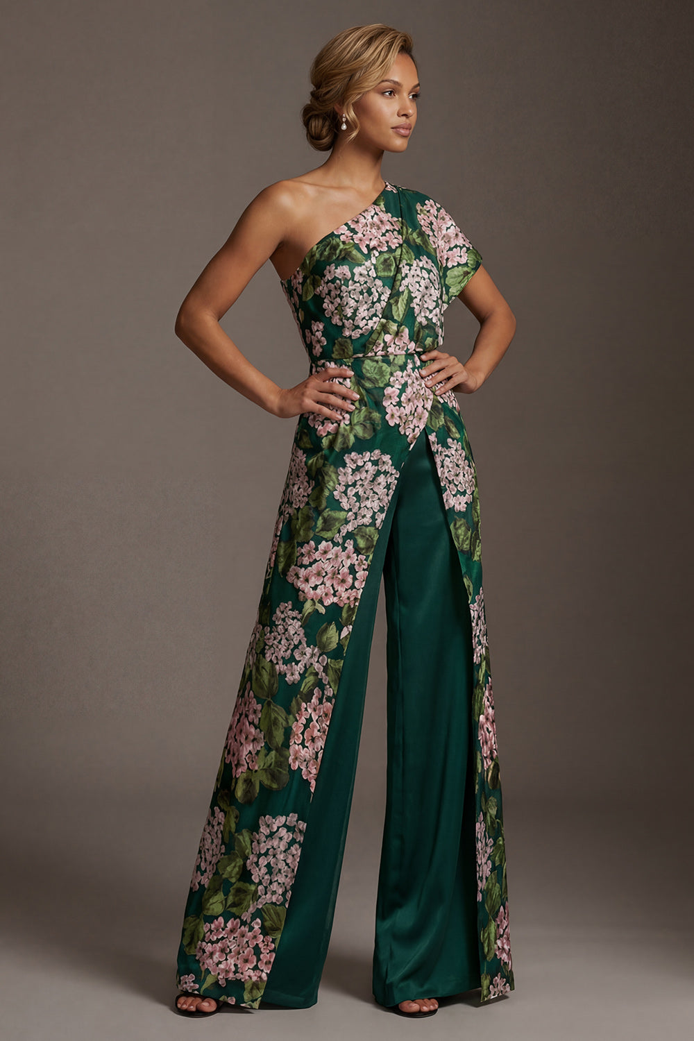 Dark Green One Shoulder Floral Long Evening Pantsuits with Pockets