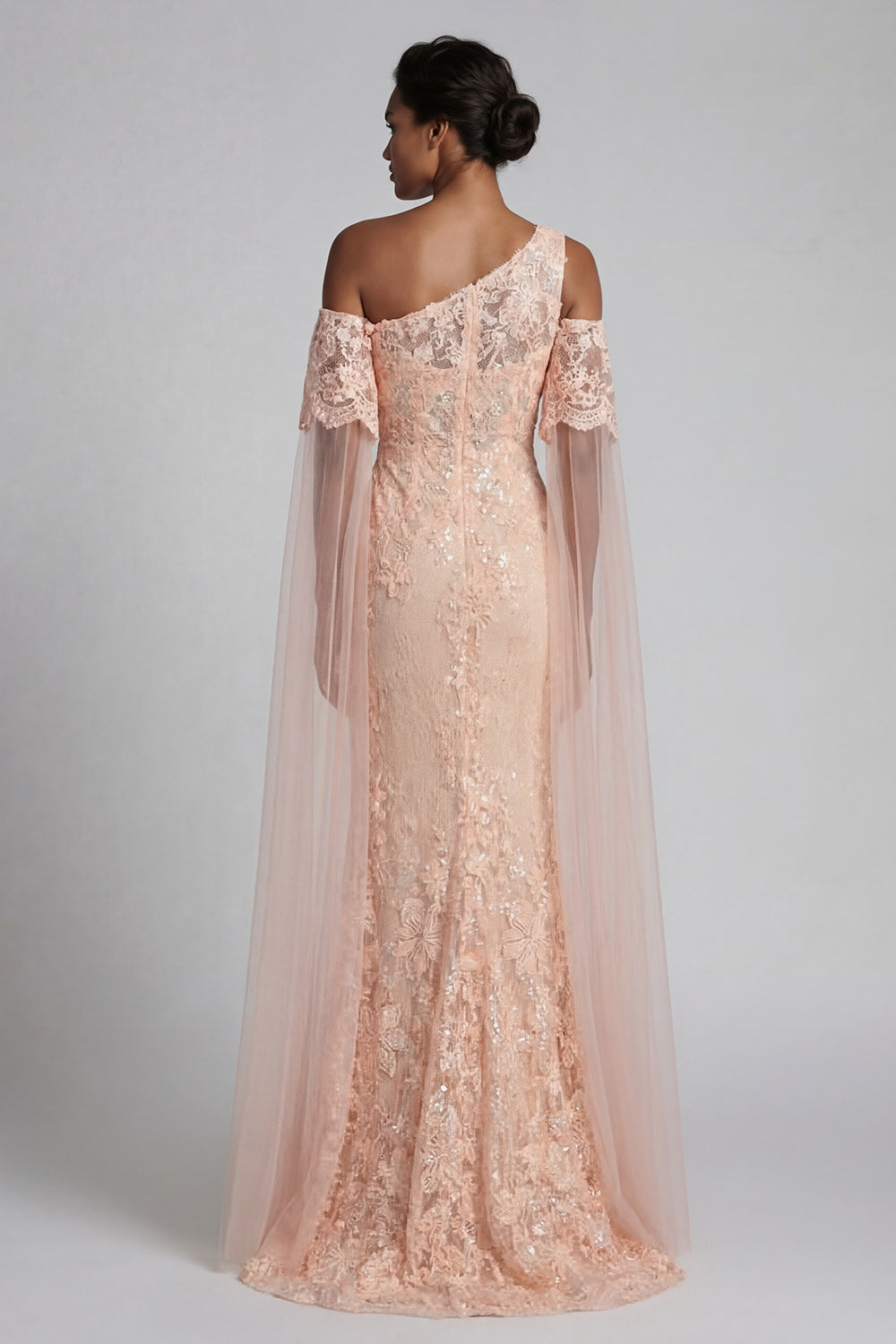 Sparkly Peach Beaded  Mermaid FloralLong Evening Dress with Cape