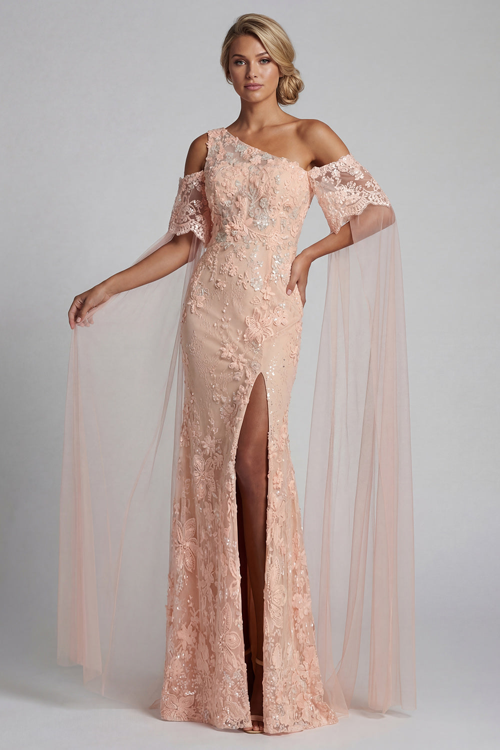Sparkly Peach Beaded  Mermaid FloralLong Evening Dress with Cape