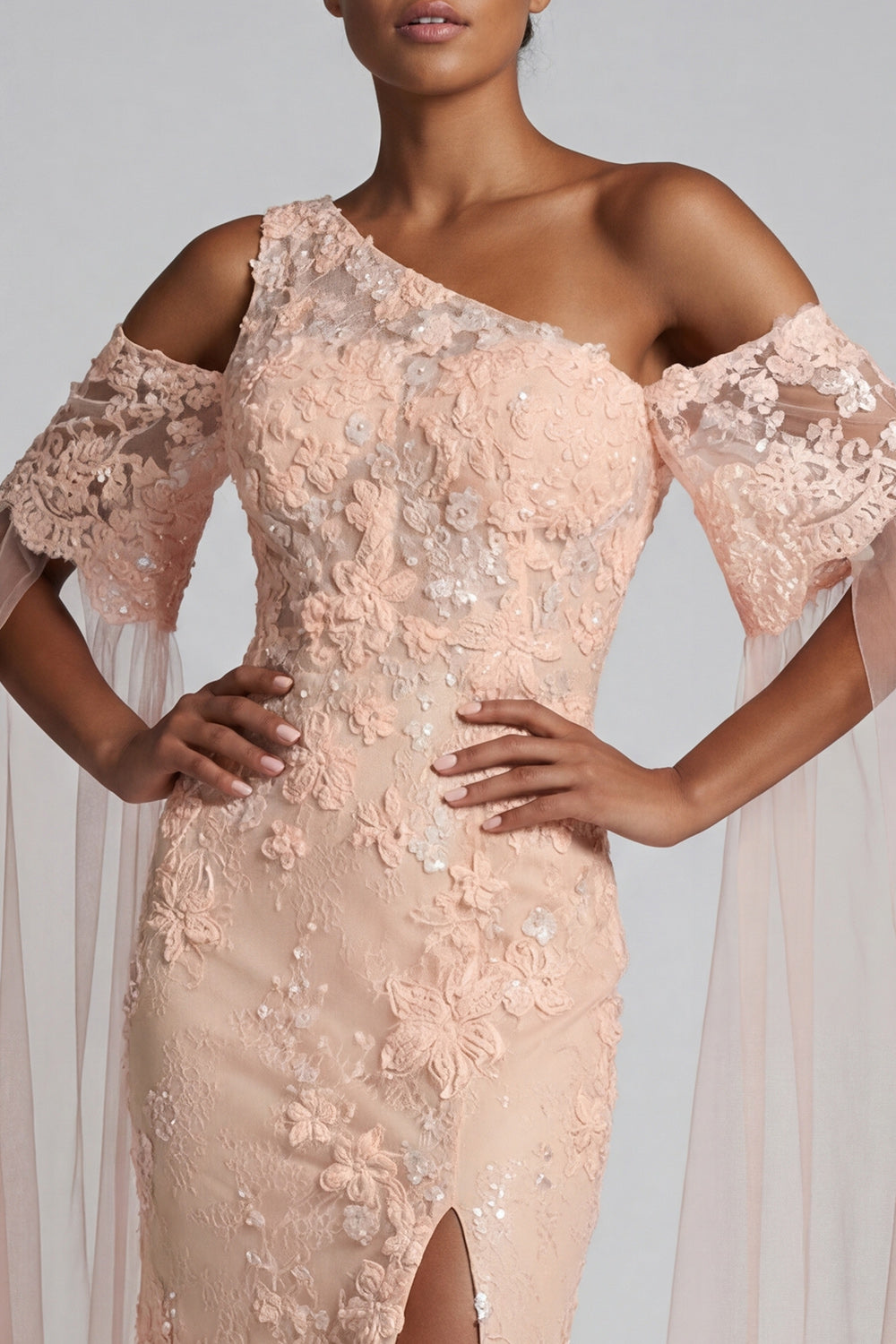 Sparkly Peach Beaded  Mermaid FloralLong Evening Dress with Cape