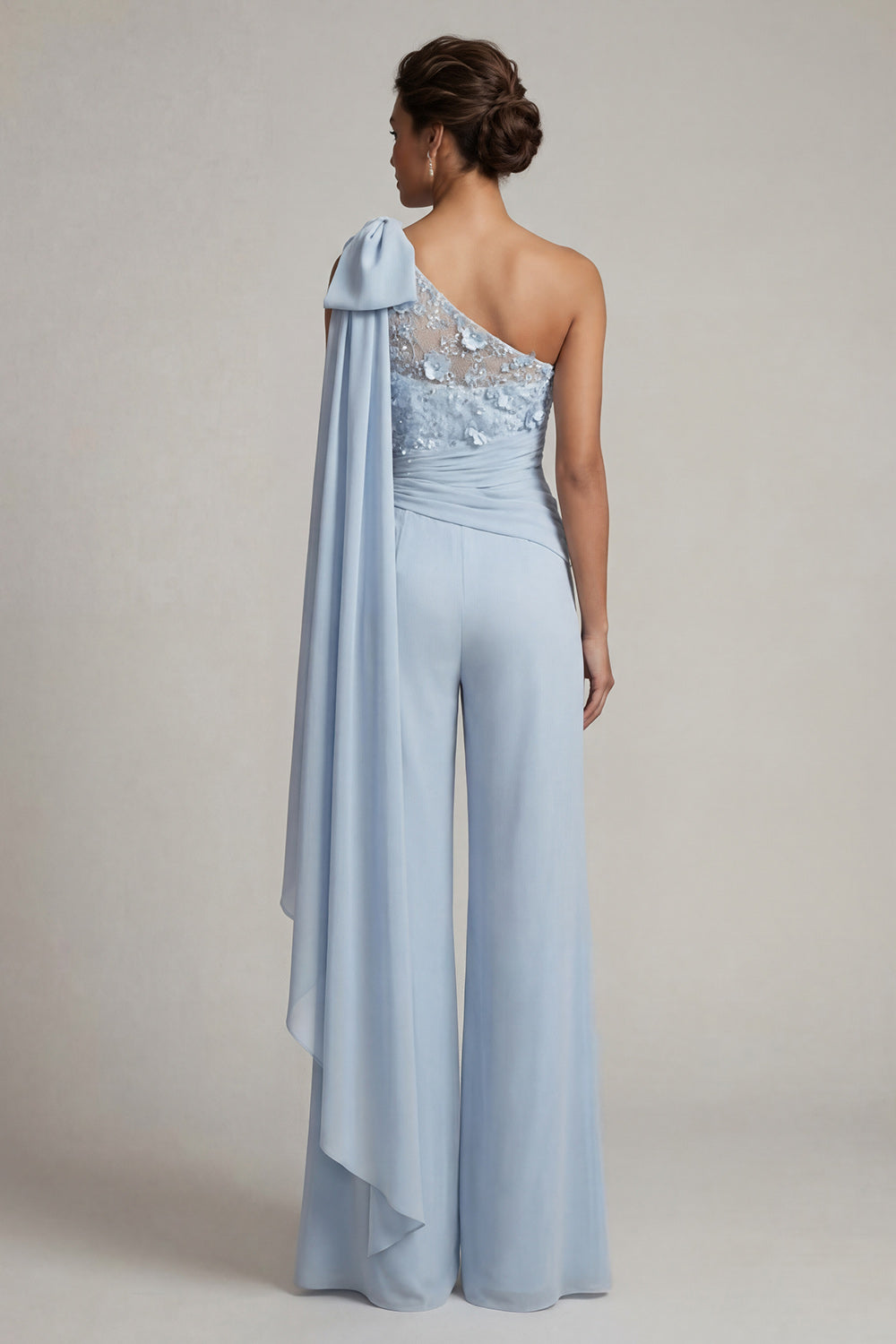 Sky Blue Floral Ruffled One Shoulder Long Evening Pantsuits with Slit