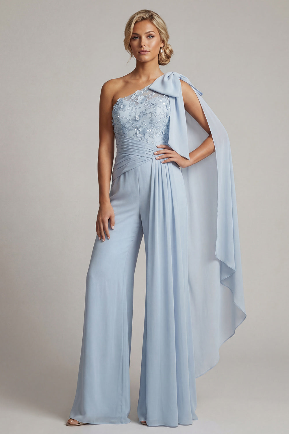 Sky Blue Floral Ruffled One Shoulder Long Evening Pantsuits with Slit