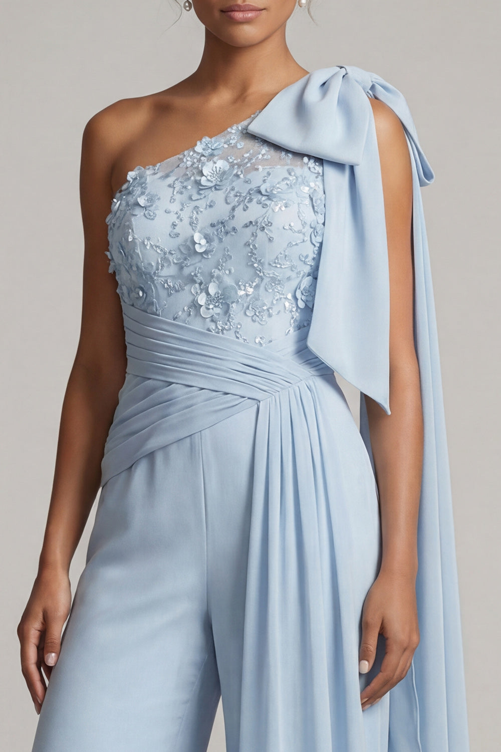Sky Blue Floral Ruffled One Shoulder Long Evening Pantsuits with Slit