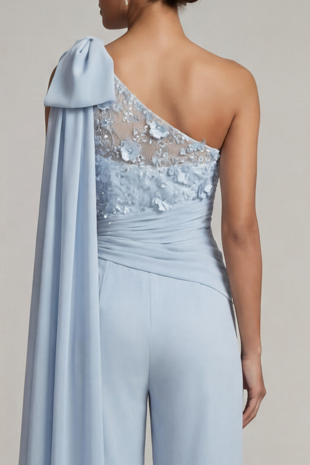 Sky Blue Floral Ruffled One Shoulder Long Evening Pantsuits with Slit