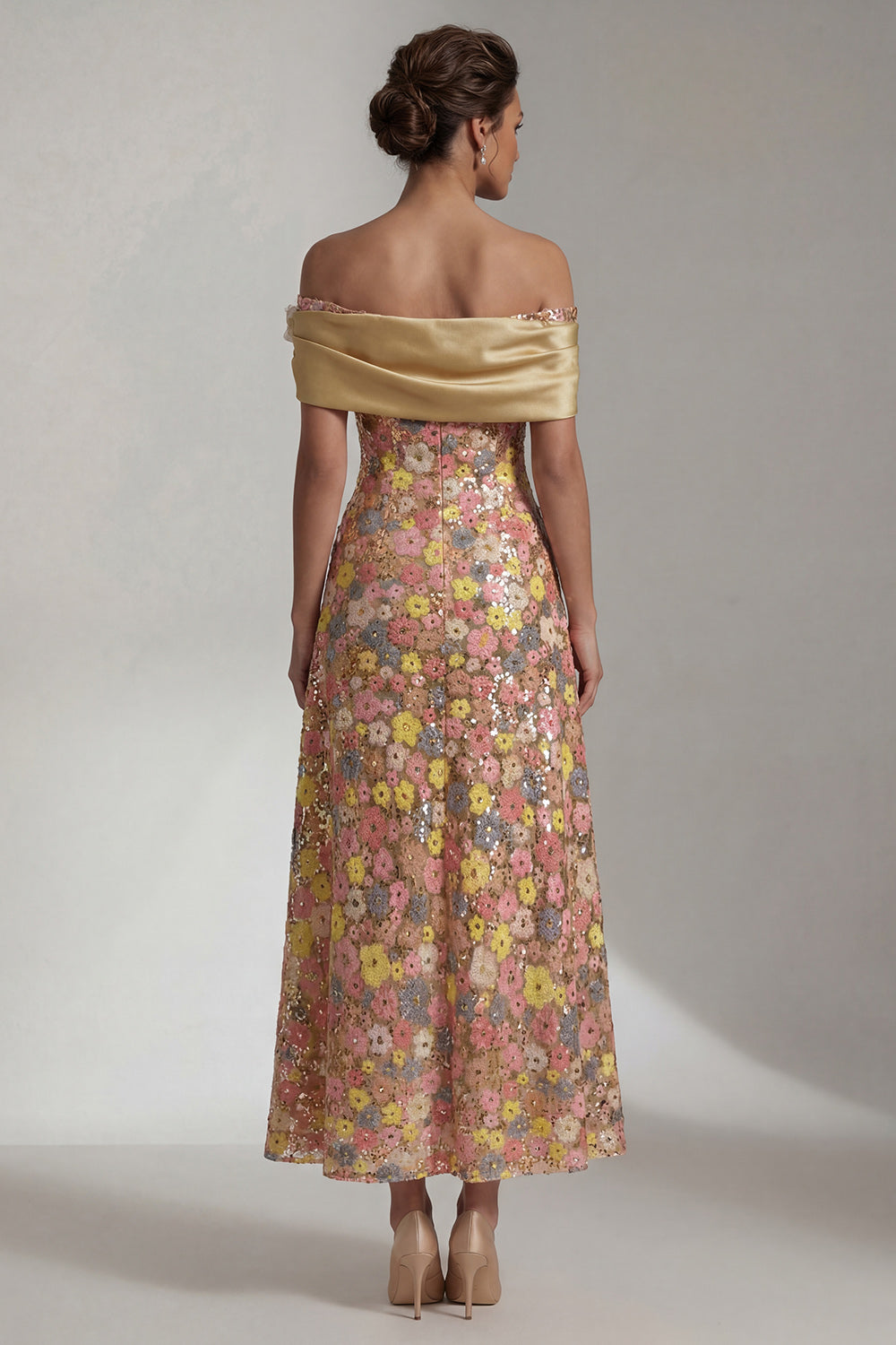 Sparkly Yellow A Line Off the Shoulder Long Evening Dress with 3D Flower