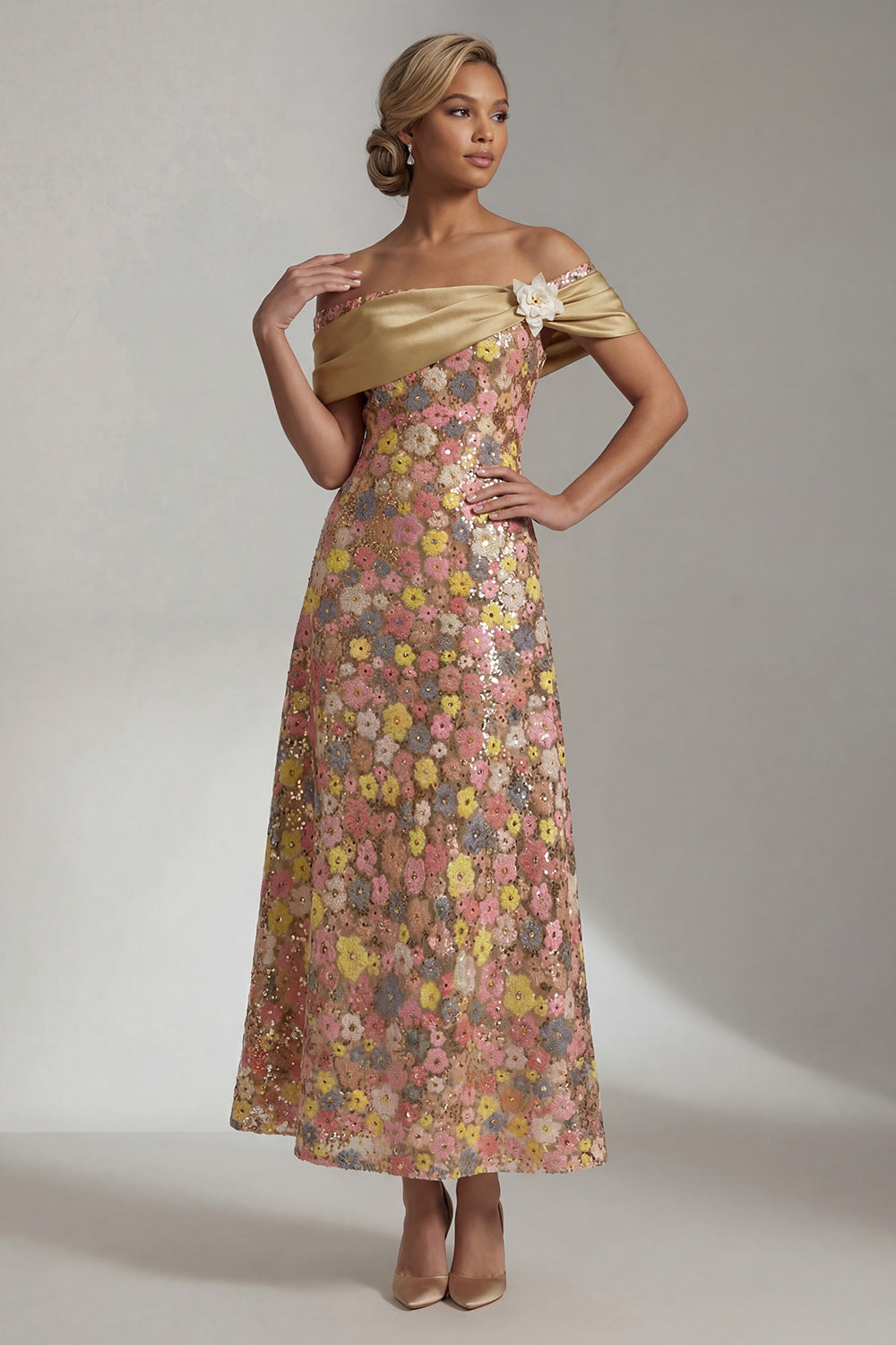 Sparkly Yellow A Line Off the Shoulder Long Evening Dress with 3D Flower