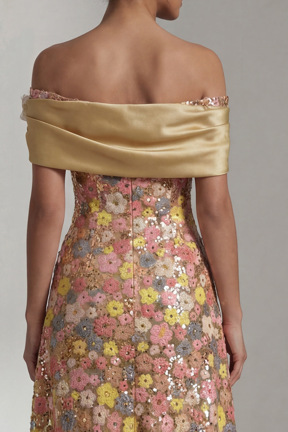 Sparkly Yellow A Line Off the Shoulder Long Evening Dress with 3D Flower