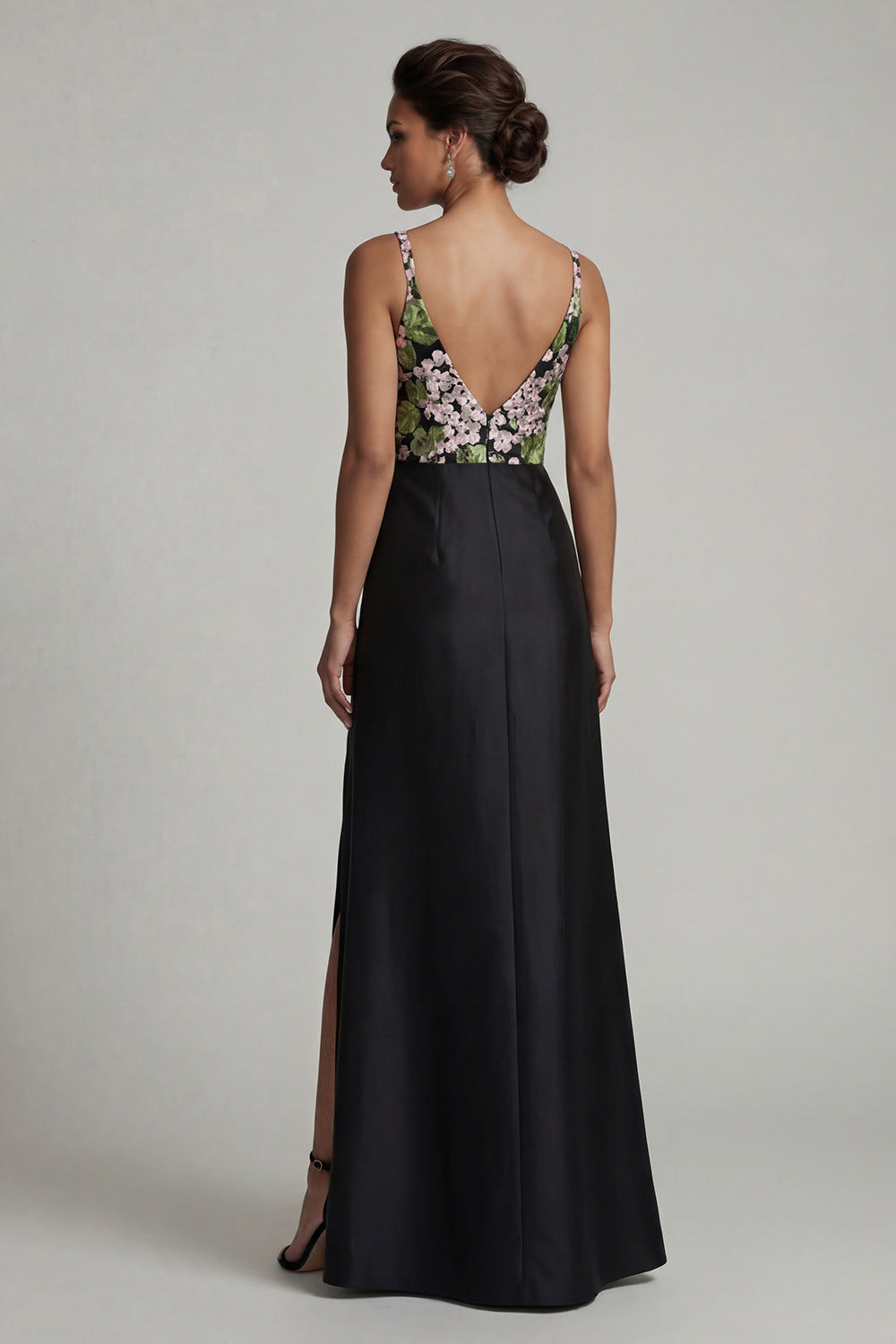 Black Spaghetti Straps Floral Long Evening Dress with Slit