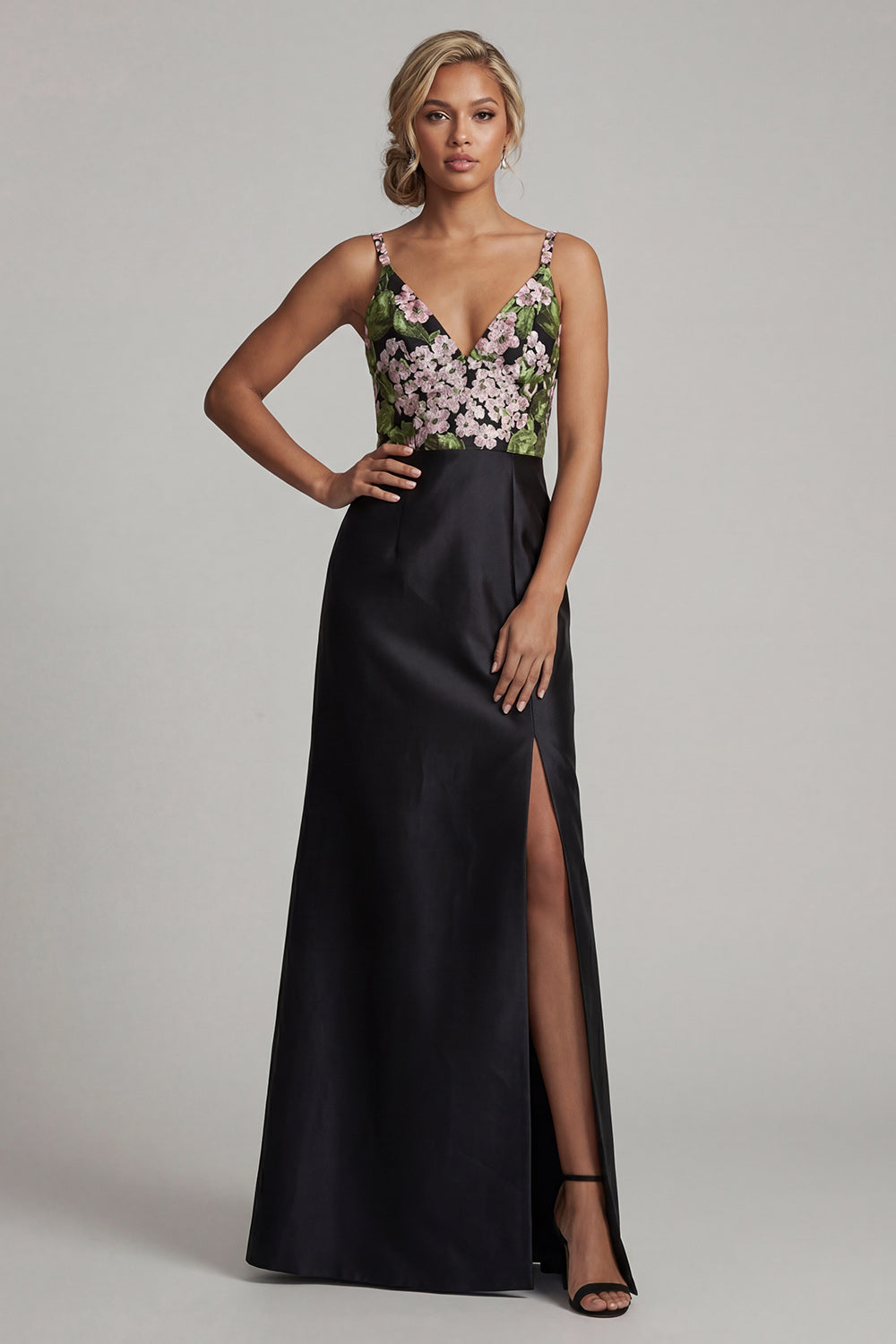 Black Spaghetti Straps Floral Long Evening Dress with Slit