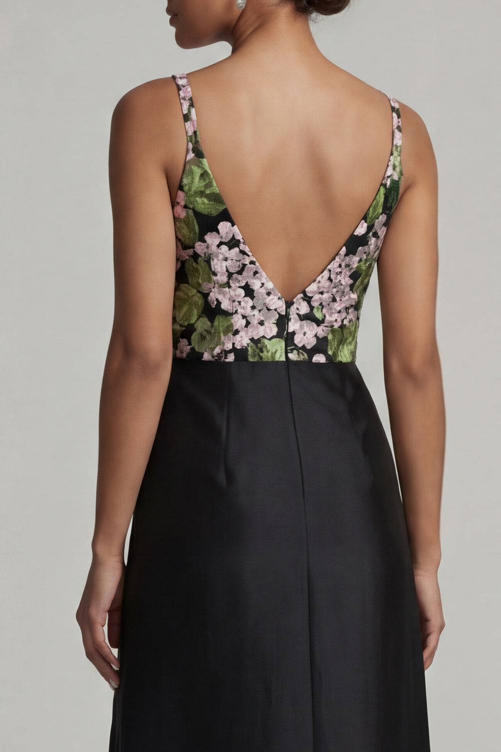 Black Spaghetti Straps Floral Long Evening Dress with Slit