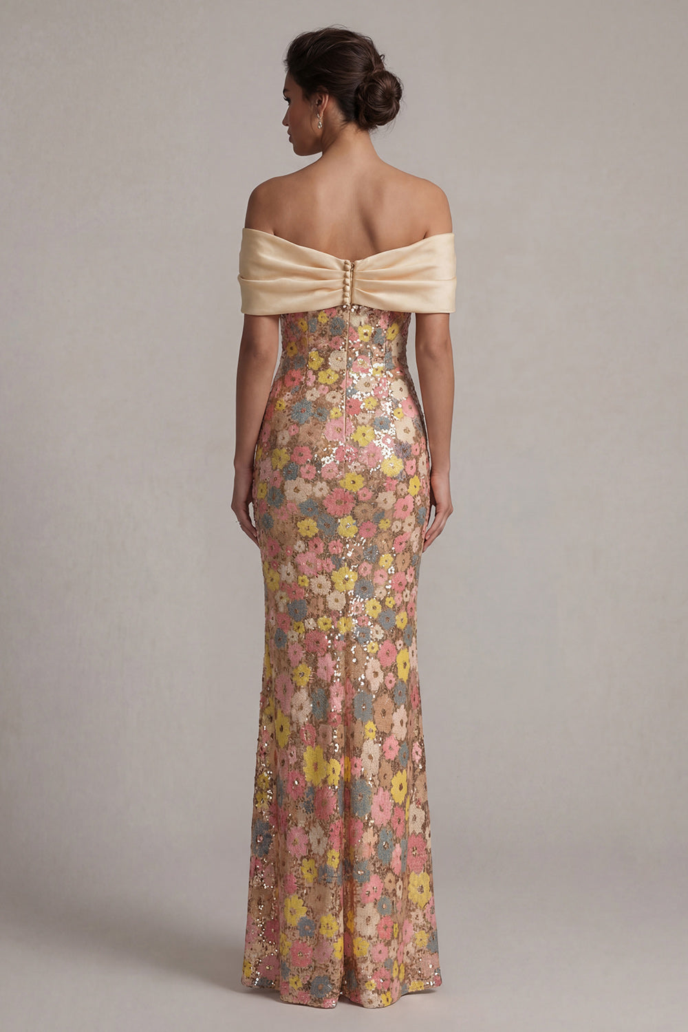 Sparkly Floral Mermaid Yellow Off the Shoulder Long Evening Dress with Bow