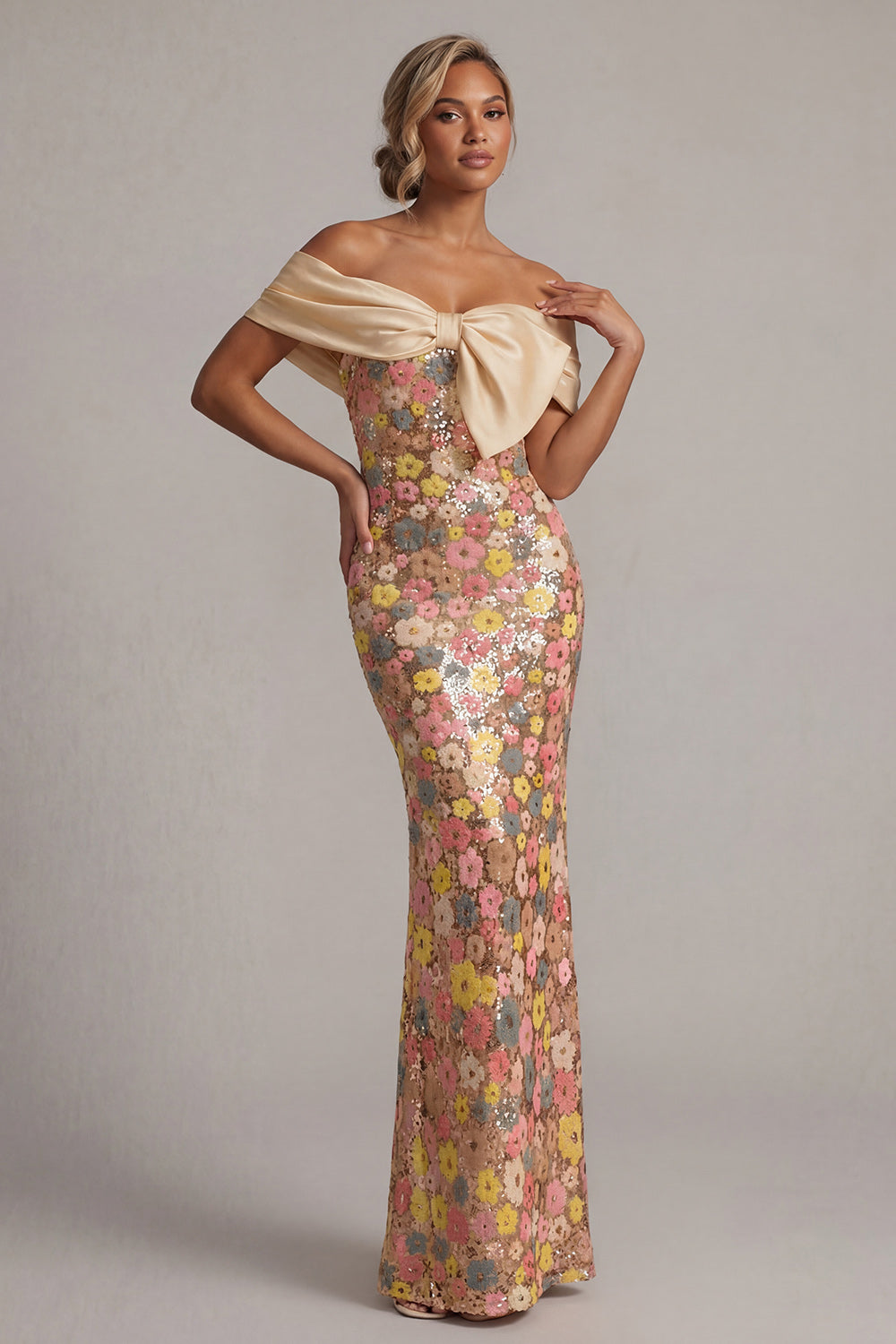 Sparkly Floral Mermaid Yellow Off the Shoulder Long Evening Dress with Bow