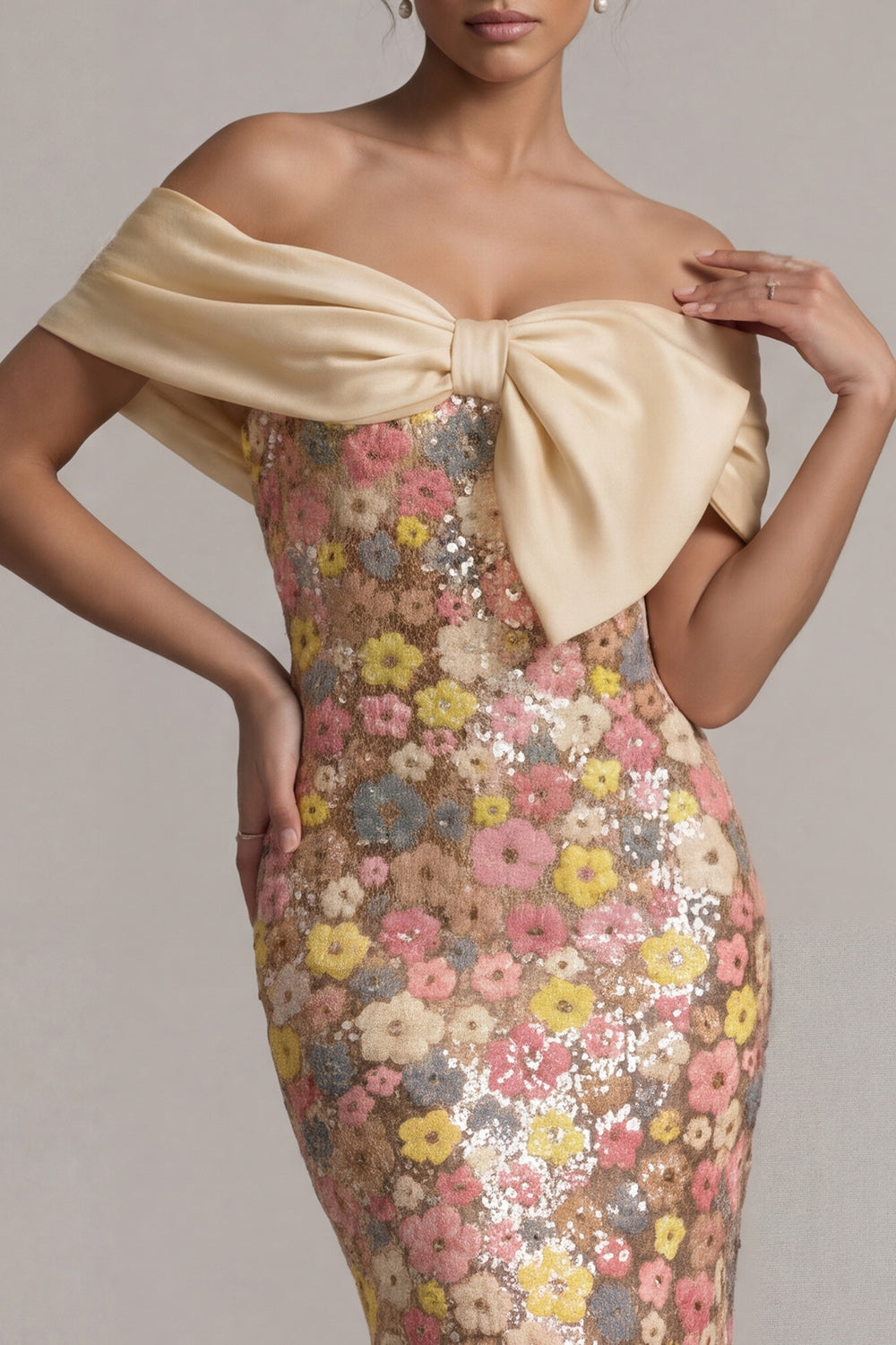Sparkly Floral Mermaid Yellow Off the Shoulder Long Evening Dress with Bow