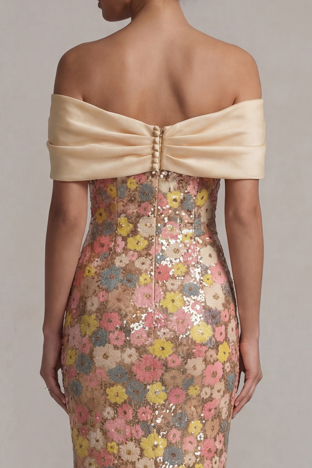 Sparkly Floral Mermaid Yellow Off the Shoulder Long Evening Dress with Bow