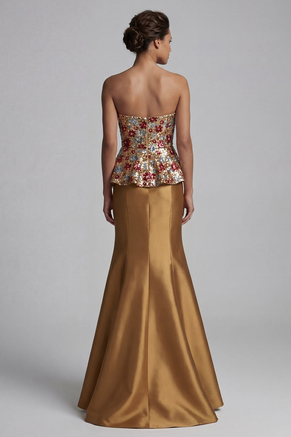 Sparkly Gold Floral Strapless Mermaid Long Evening Dress with Sequins