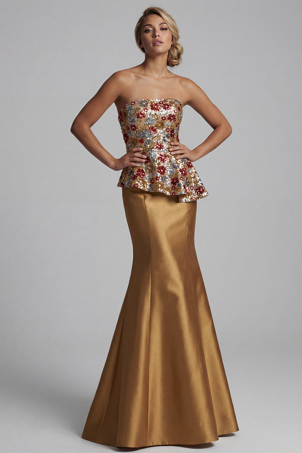 Sparkly Gold Floral Strapless Mermaid Long Evening Dress with Sequins