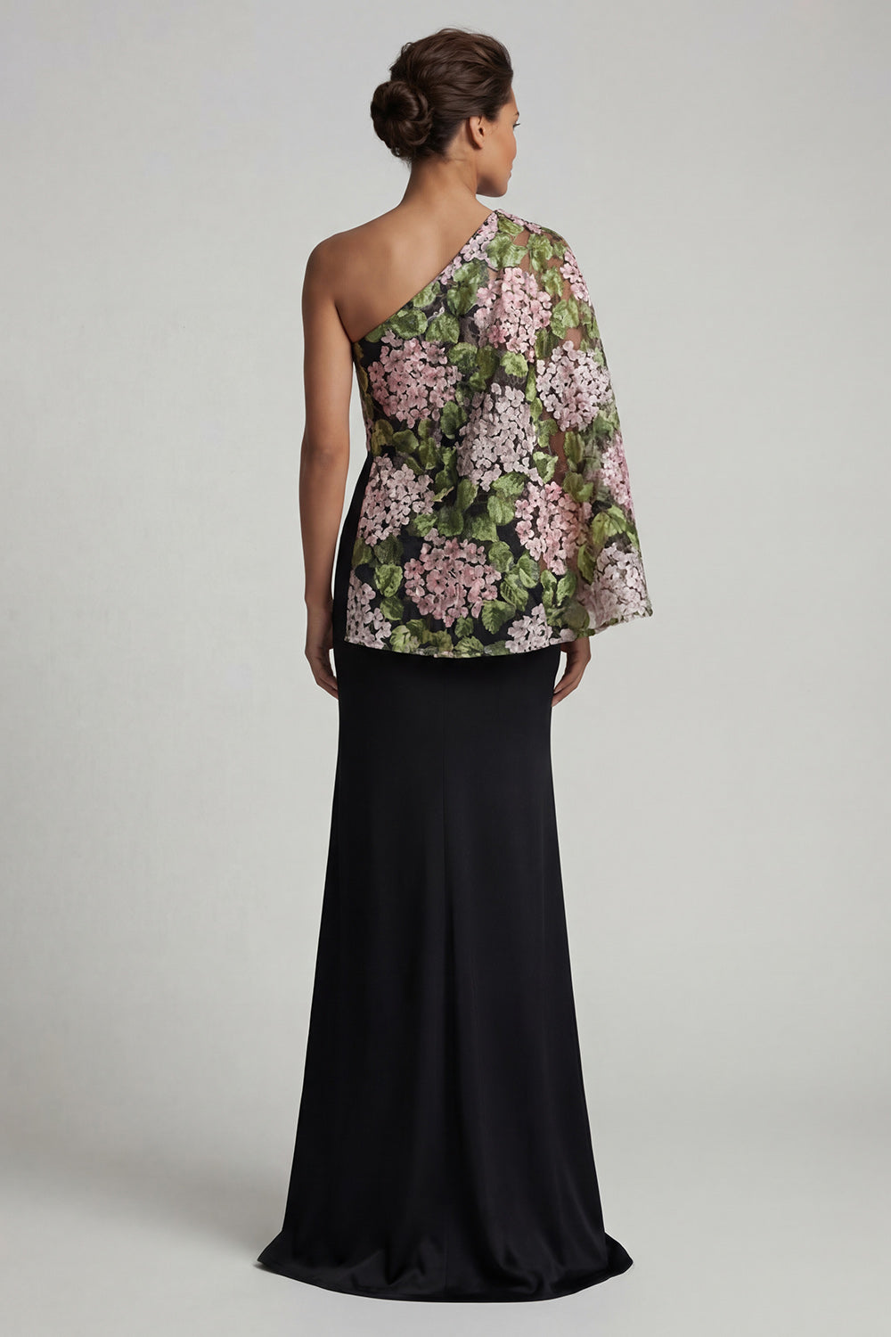 Black Floral Mermaid Long Evening Dress with Side Cape
