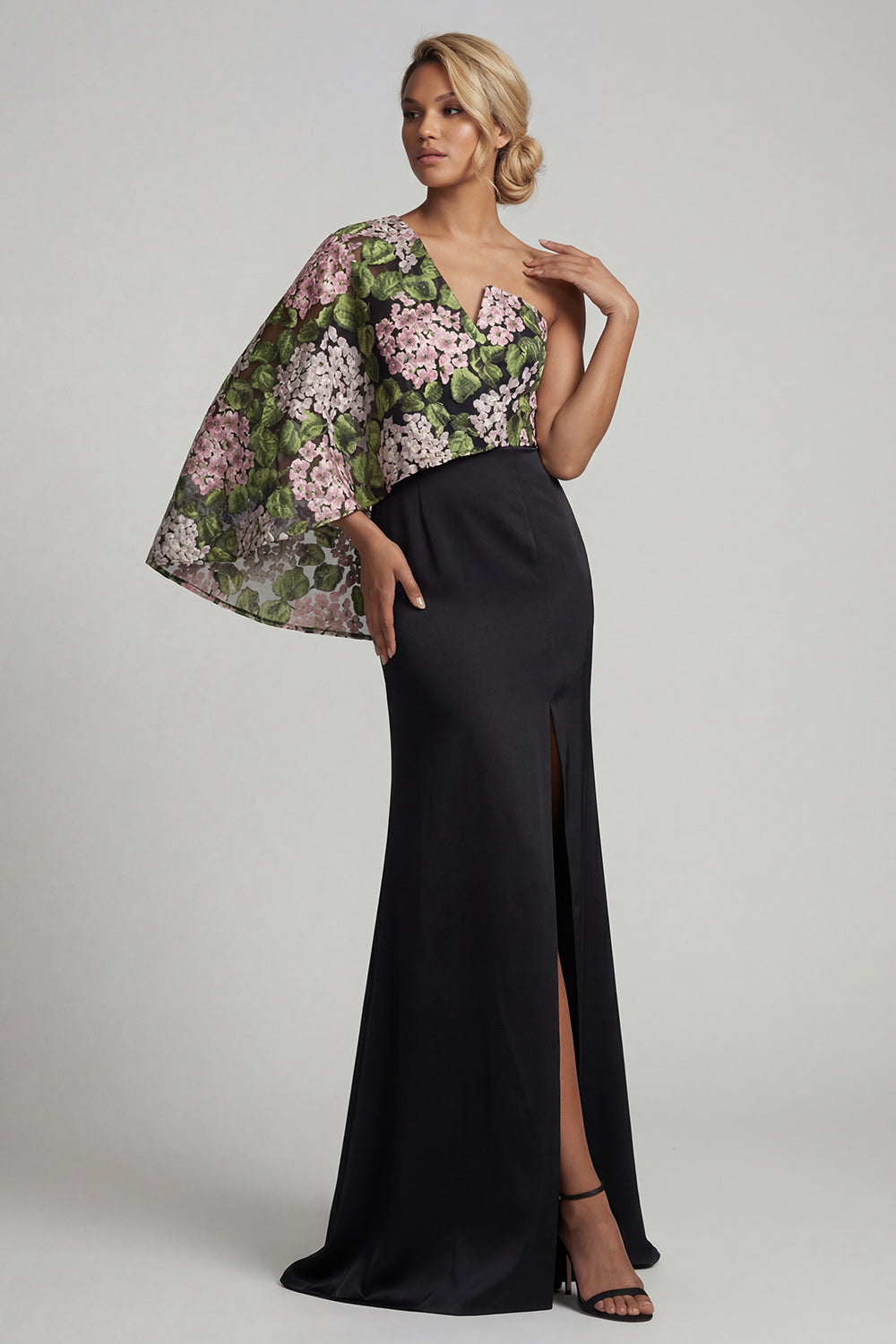 Black Floral Mermaid Long Evening Dress with Side Cape
