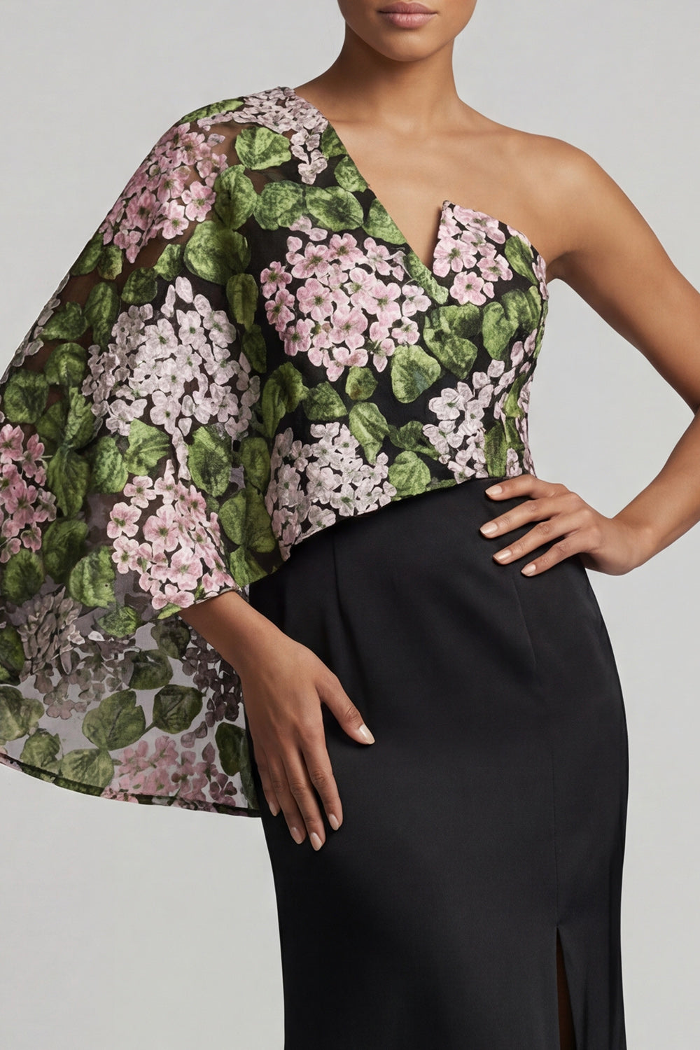 Black Floral Mermaid Long Evening Dress with Side Cape