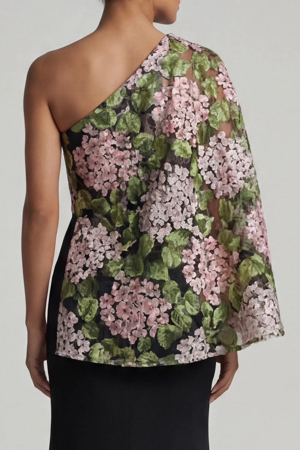 Black Floral Mermaid Long Evening Dress with Side Cape