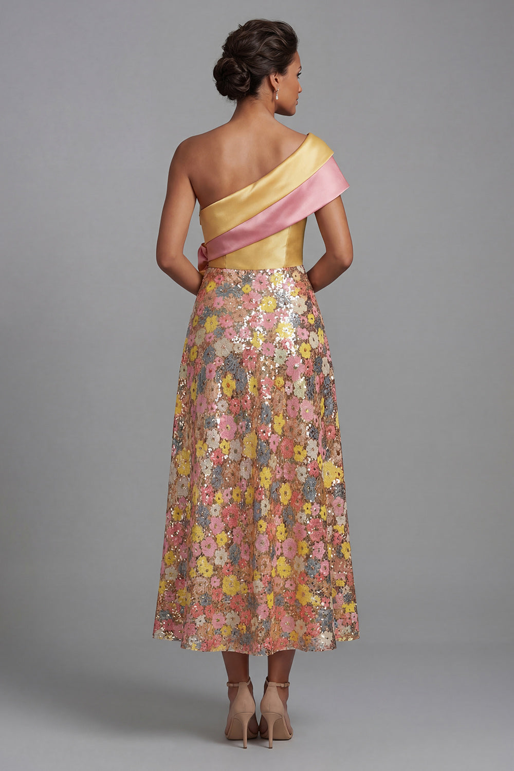 Sparkly One Shoulder Yellow Floral A Line Long Evening Dress with Pockets