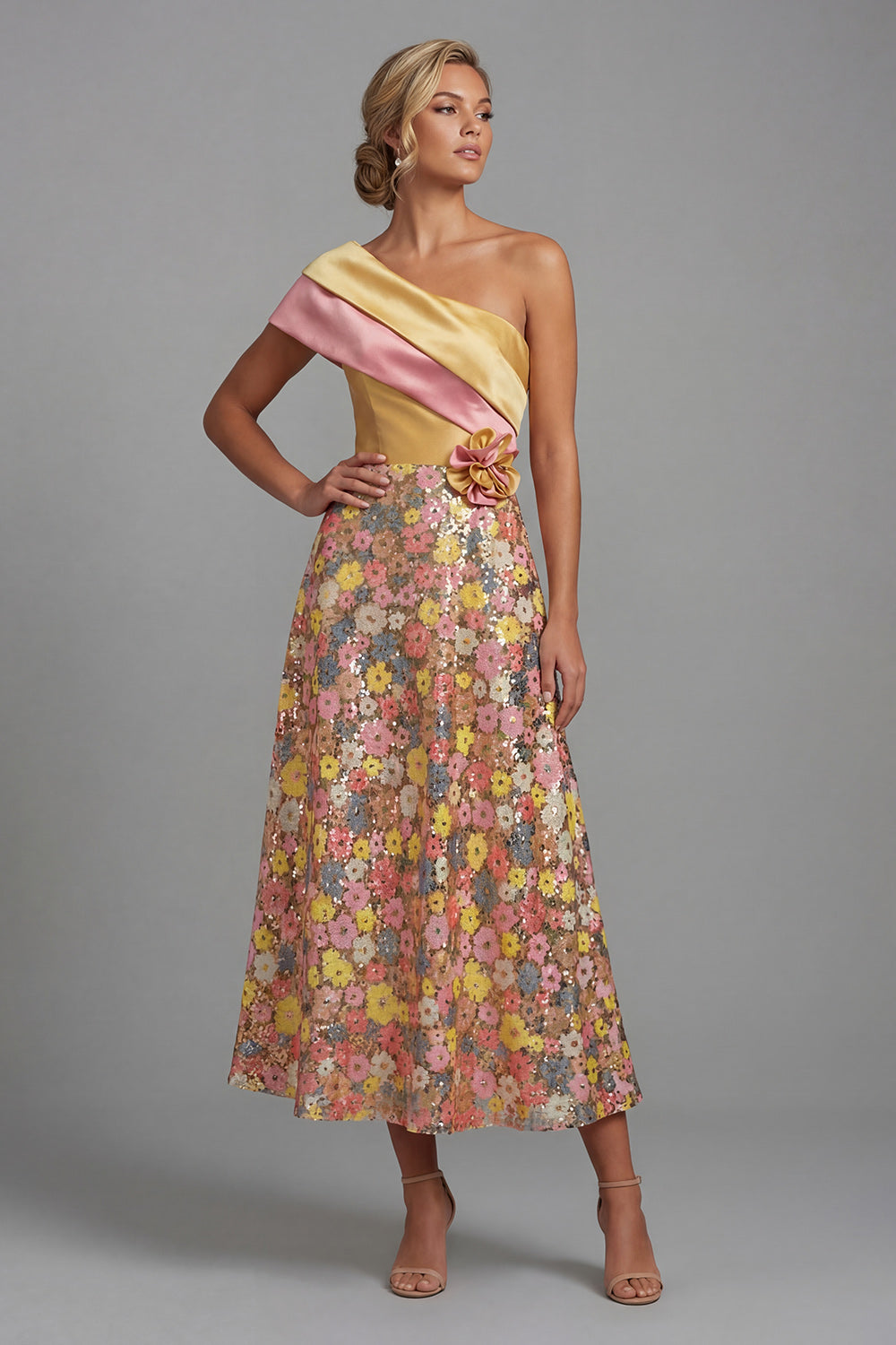Sparkly One Shoulder Yellow Floral A Line Long Evening Dress with Pockets