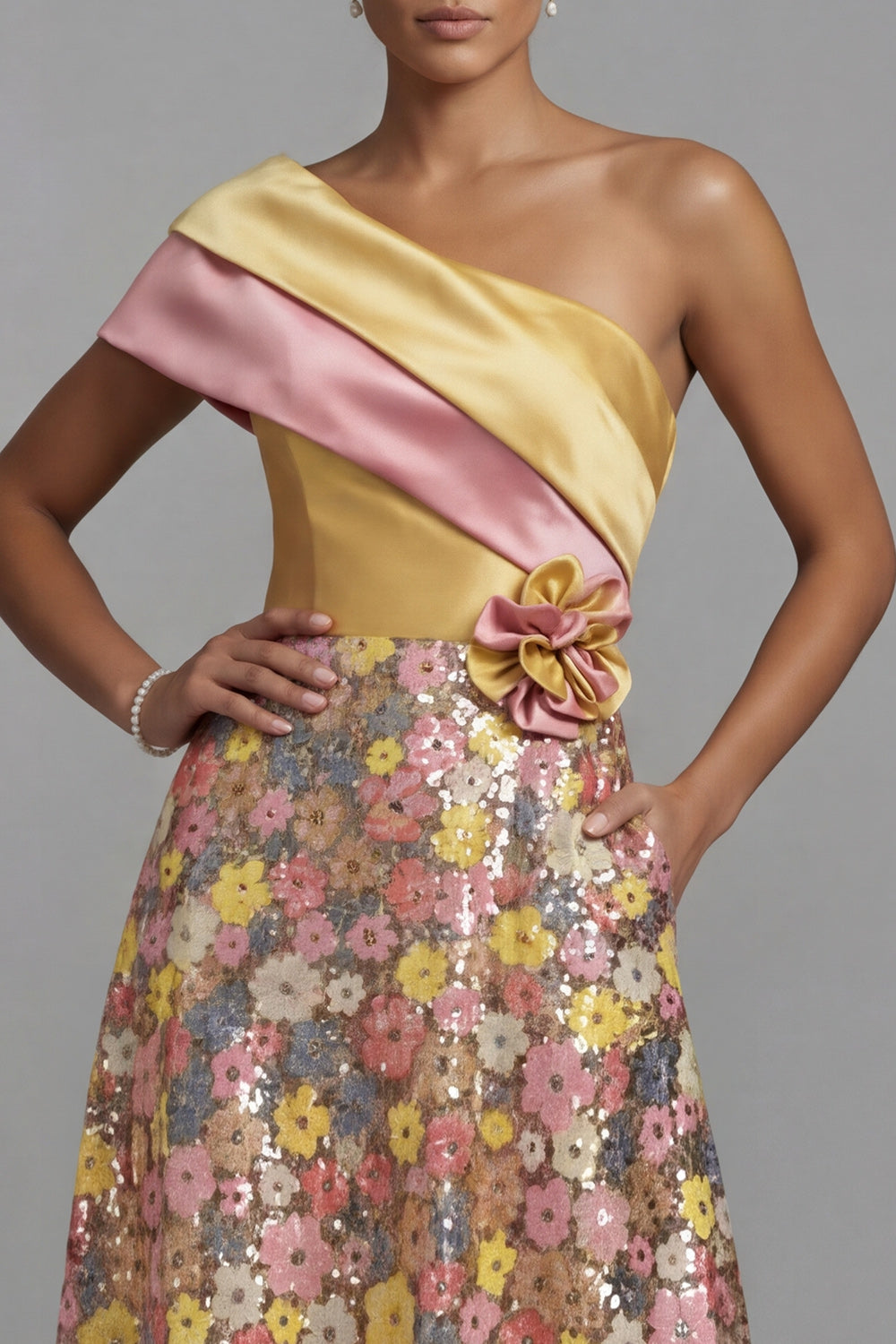 Sparkly One Shoulder Yellow Floral A Line Long Evening Dress with Pockets