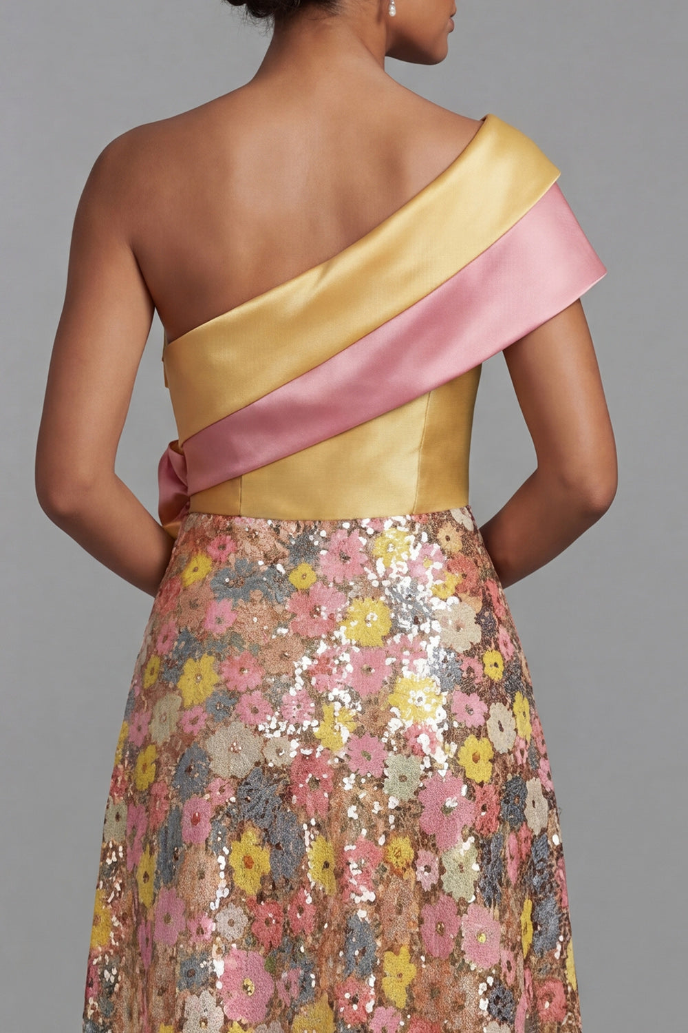 Sparkly One Shoulder Yellow Floral A Line Long Evening Dress with Pockets