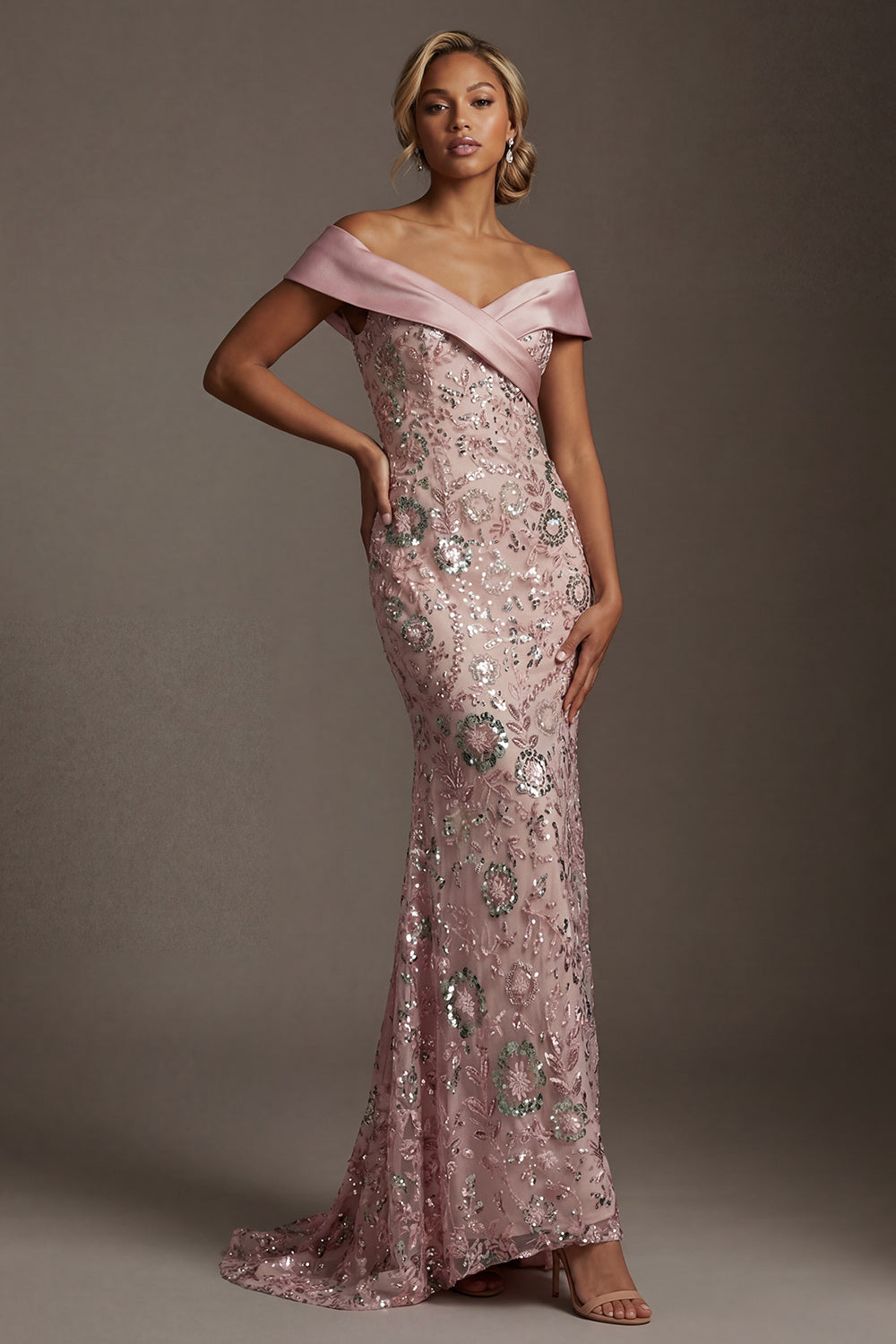 Sparkly Pink Beaded Off the Shoulder Mermaid Long Evening Dress