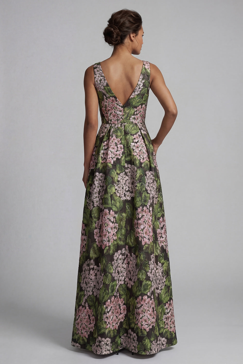 Dark Green V Neck Floral A Line Long Evening Dress with Pockets