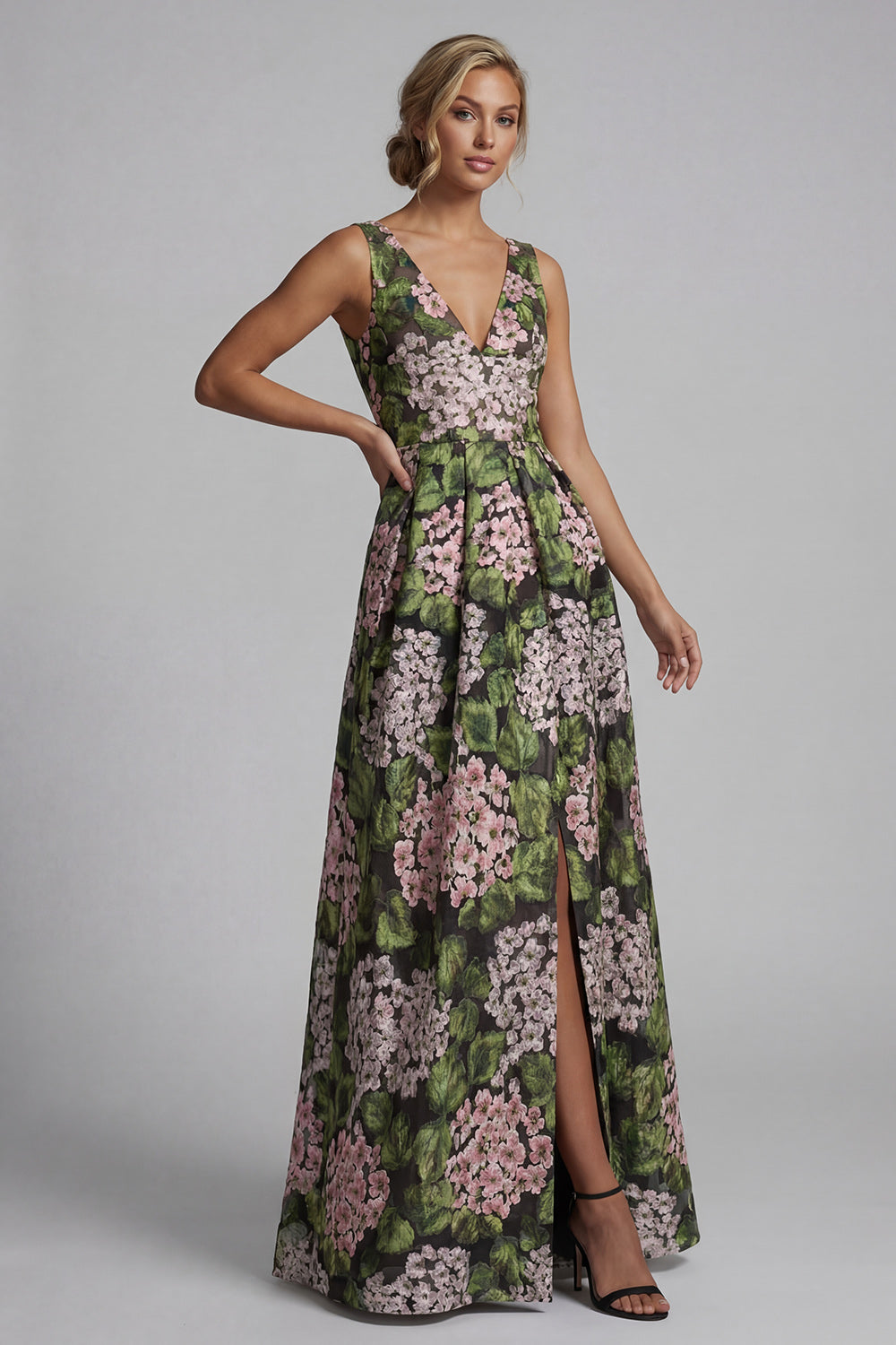 Dark Green V Neck Floral A Line Long Evening Dress with Pockets