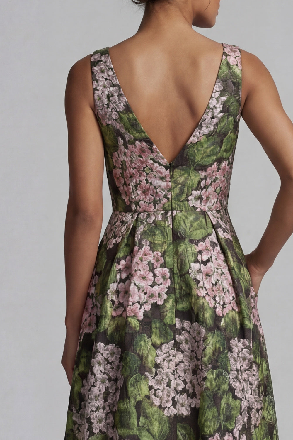 Dark Green V Neck Floral A Line Long Evening Dress with Pockets