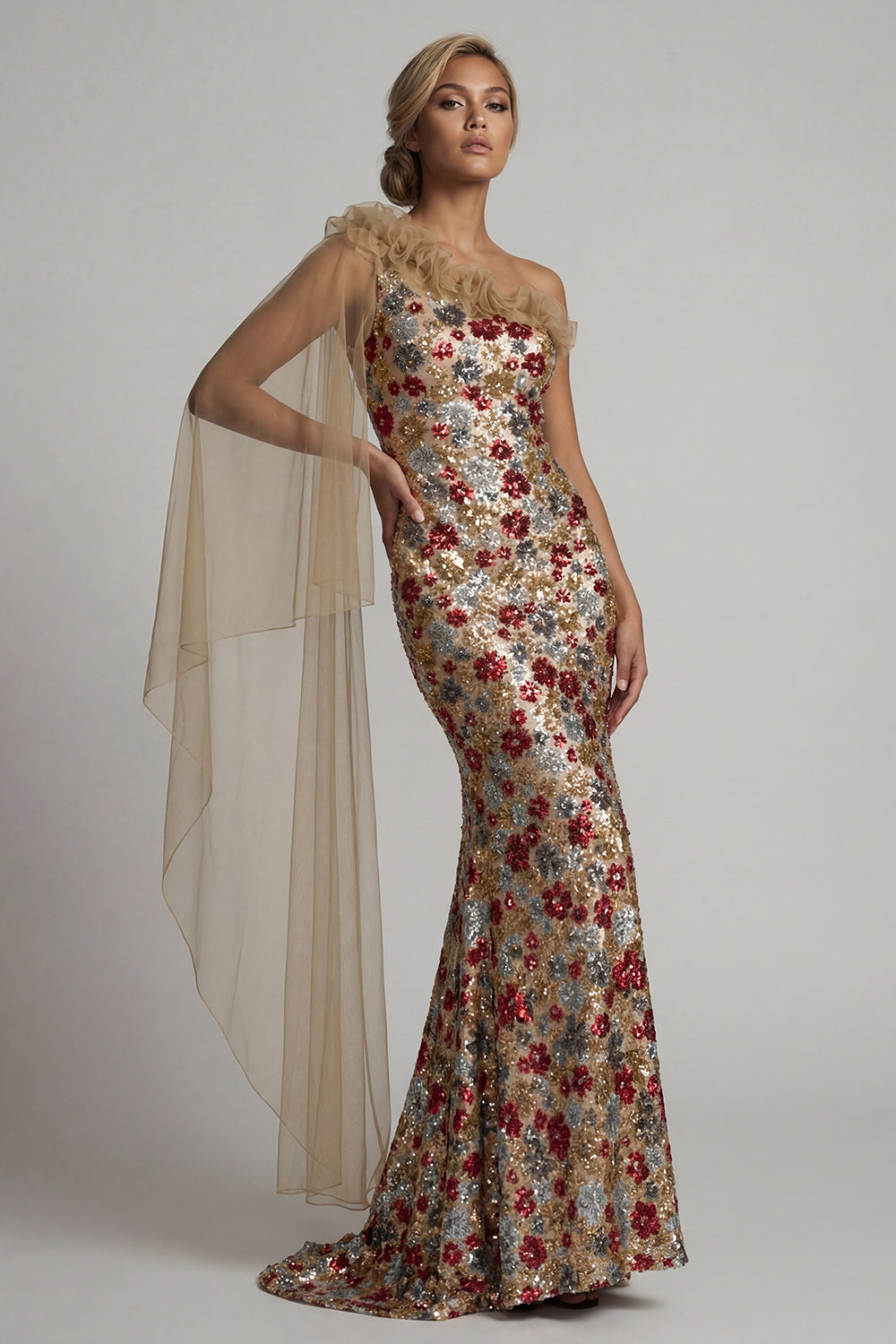 Sparkly Red Mermaid Ruffled Sequins Long Evening Dress with Side Cape