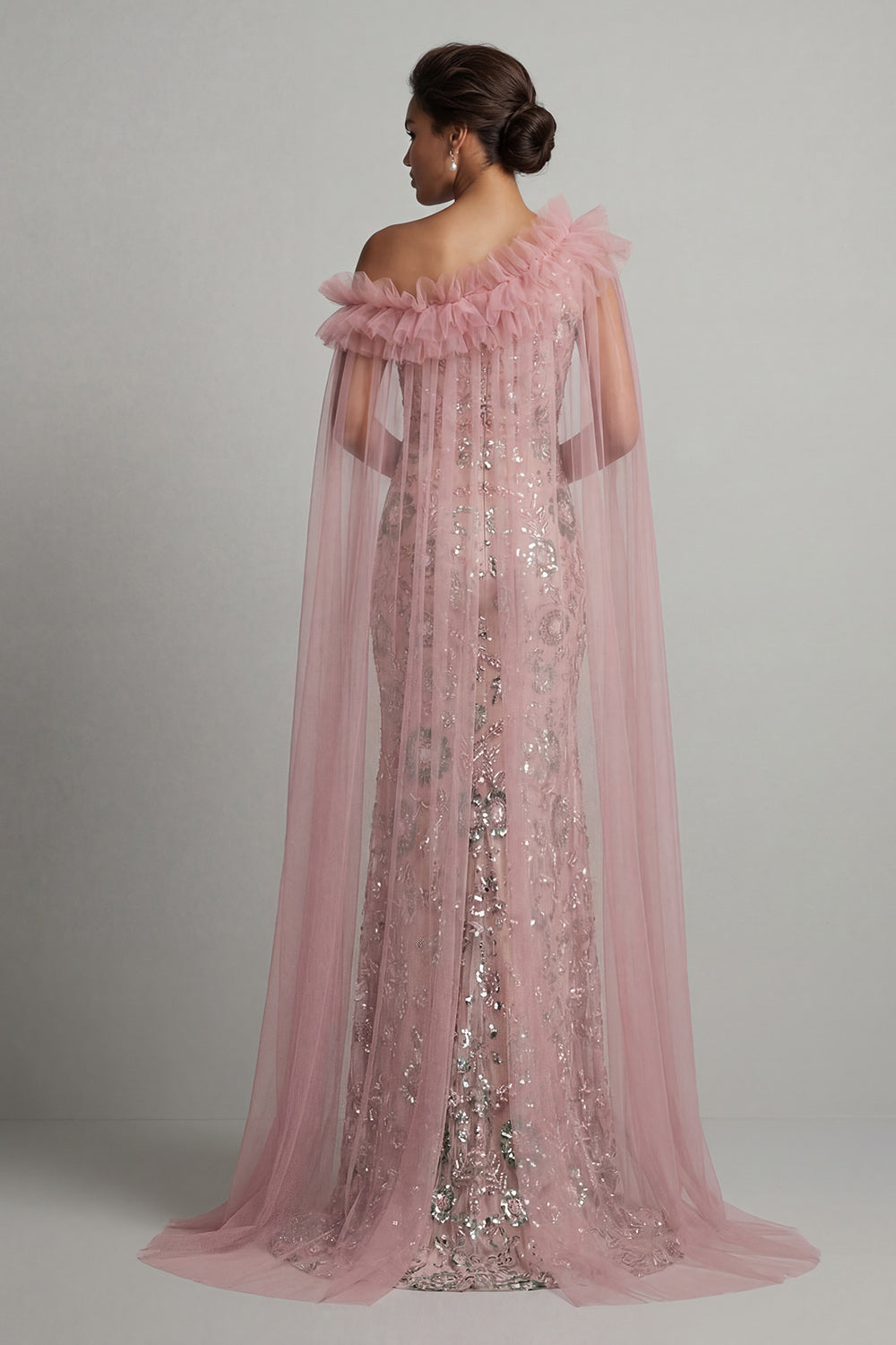 Sparkly Pink Beaded Ruffled Mermaid Long Evening Dress with Cape