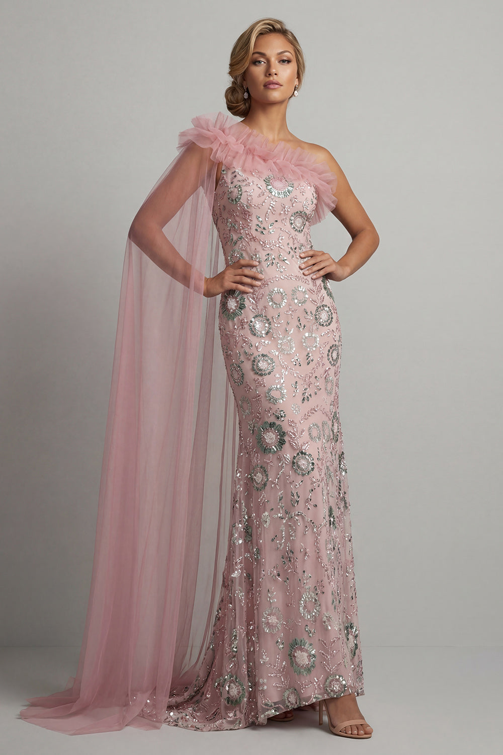 Sparkly Pink Beaded Ruffled Mermaid Long Evening Dress with Cape