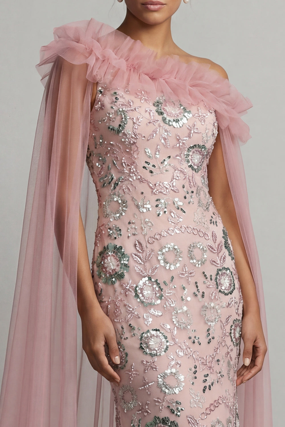 Sparkly Pink Beaded Ruffled Mermaid Long Evening Dress with Cape