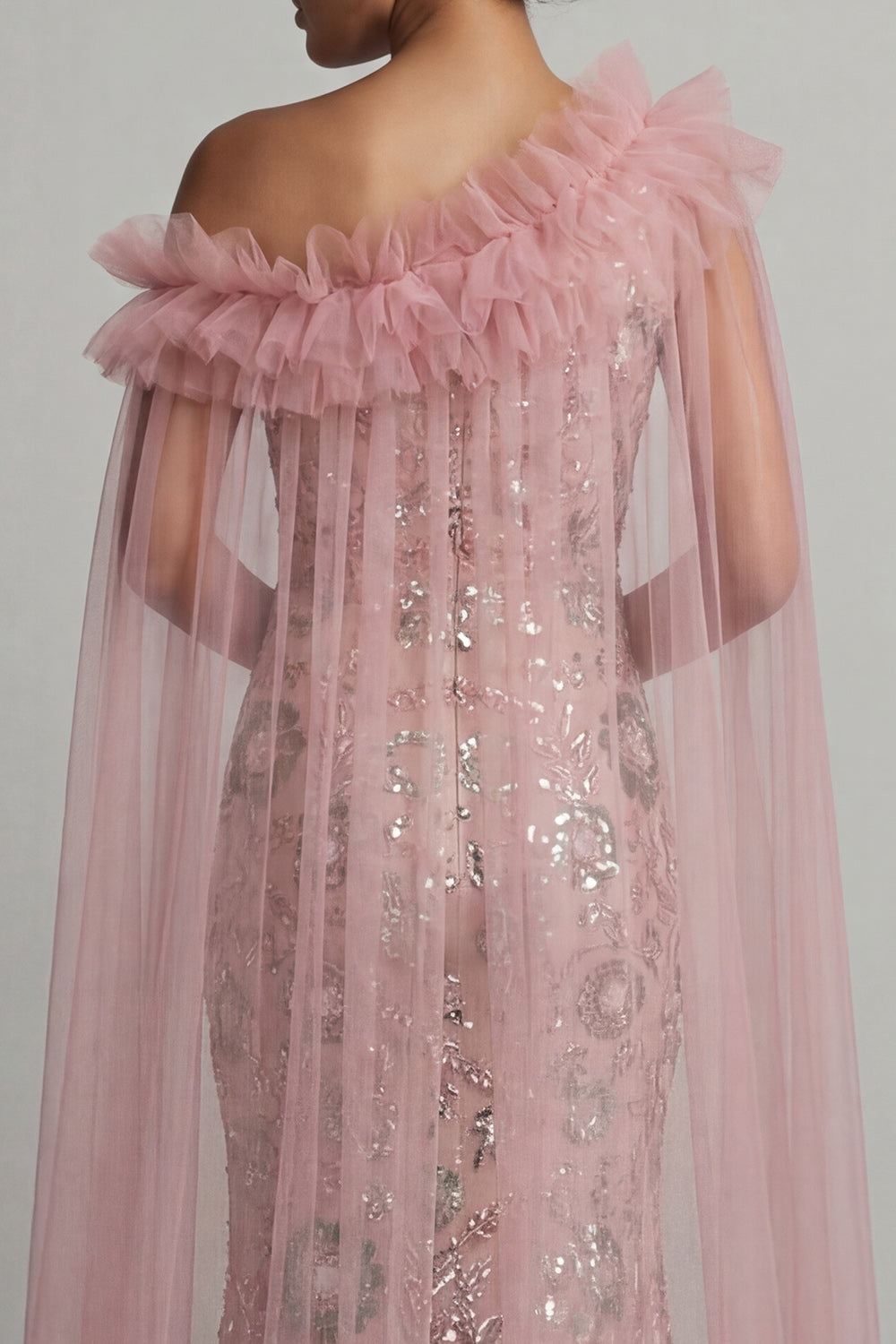 Sparkly Pink Beaded Ruffled Mermaid Long Evening Dress with Cape