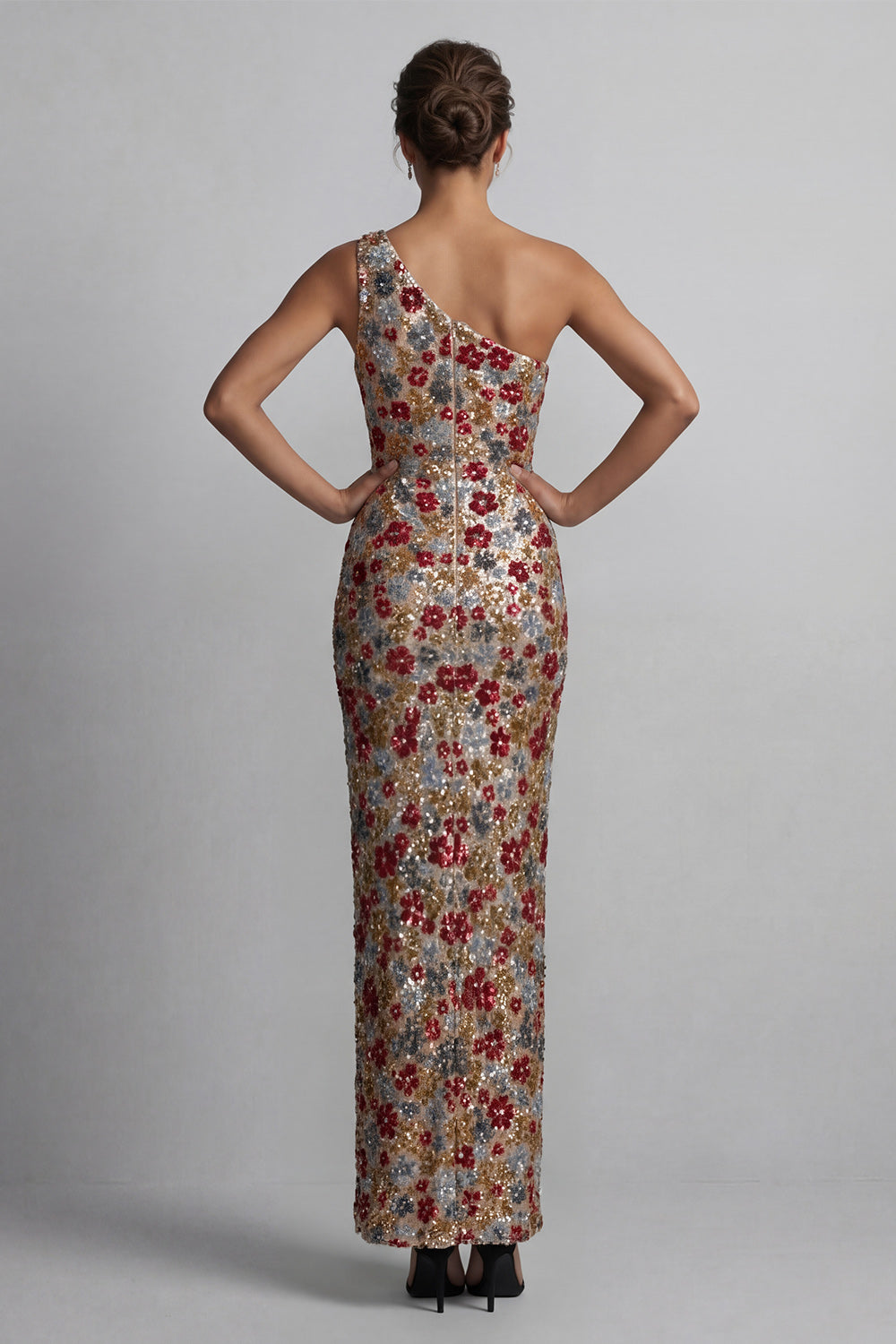 Sparkly Red Sequins One Shoulder Floral Mermaid Long Evening Dress
