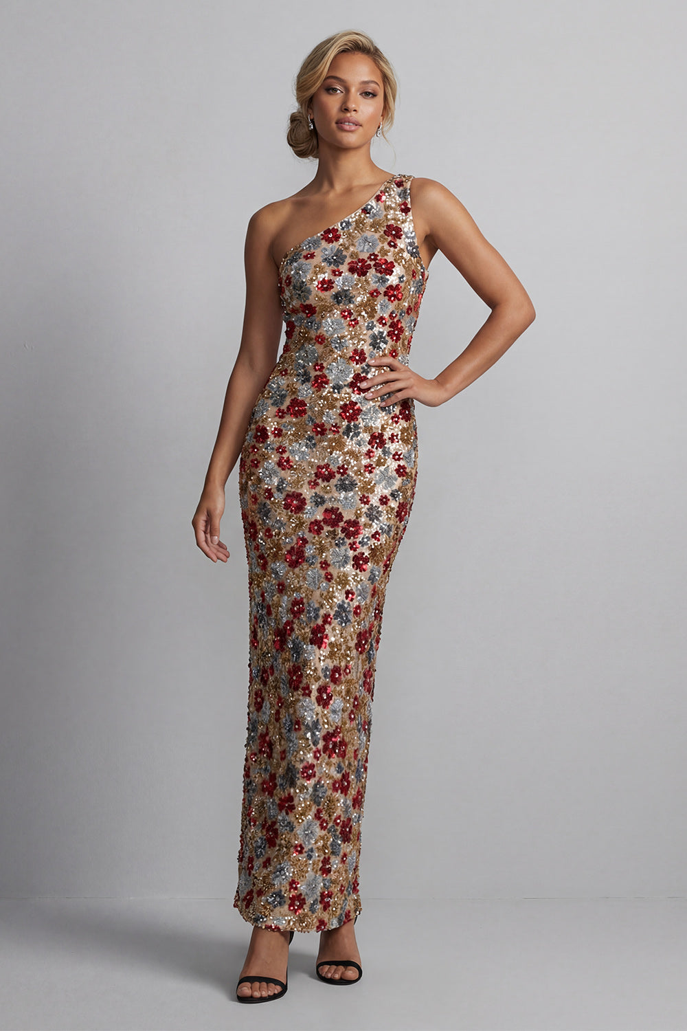 Sparkly Red Sequins One Shoulder Floral Mermaid Long Evening Dress