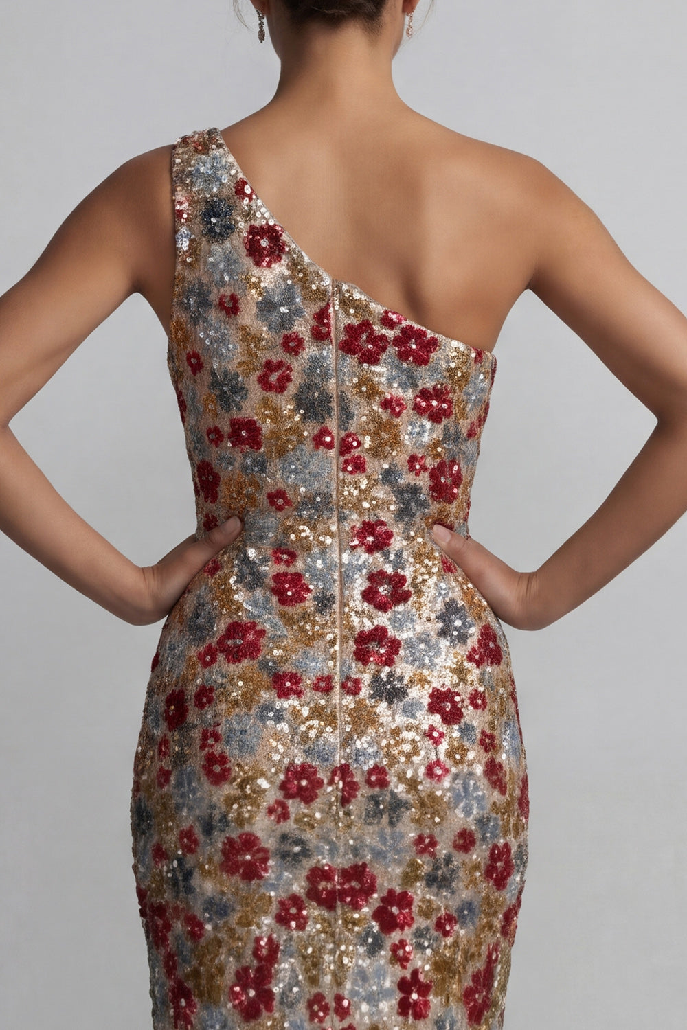 Sparkly Red Sequins One Shoulder Floral Mermaid Long Evening Dress