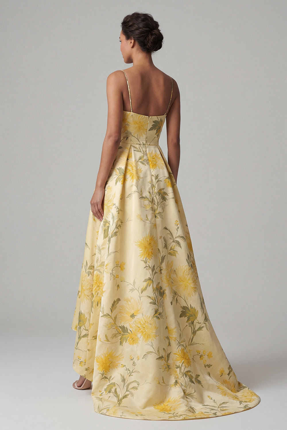 Butter Yellow Floral A Line Spaghetti Straps High Low Evening Dress