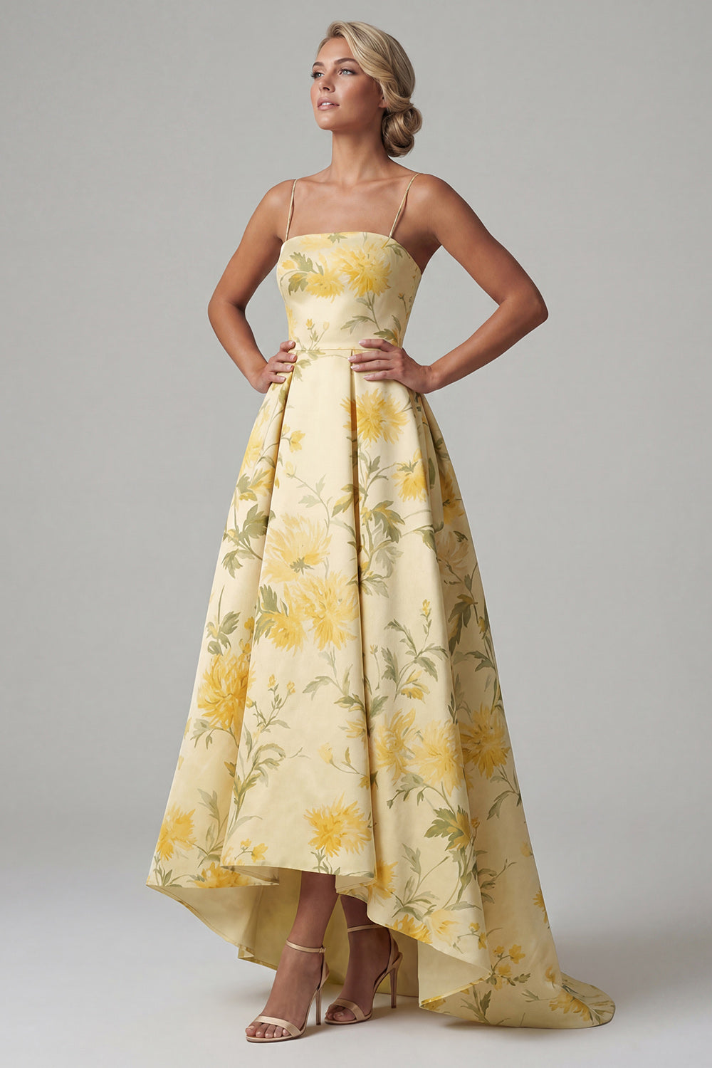 Butter Yellow Floral A Line Spaghetti Straps High Low Evening Dress