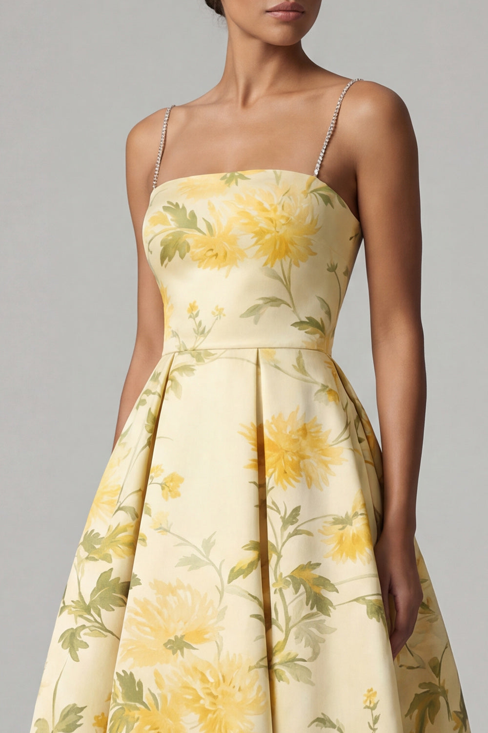 Butter Yellow Floral A Line Spaghetti Straps High Low Evening Dress